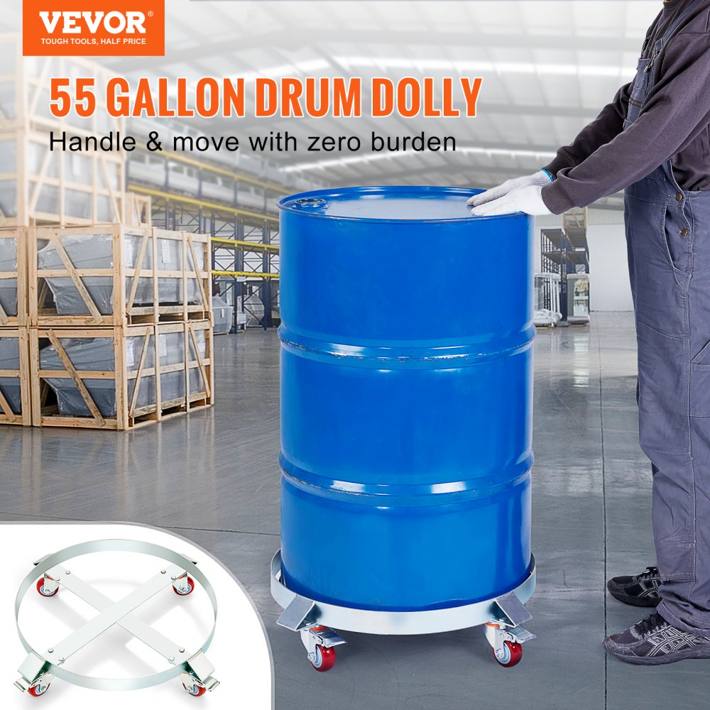 VEVOR 55 Gallon Heavy Duty Drum Dolly, 1000lbs Load Capacity, Barrel Dolly Cart Drum Caddy, Non Tipping Hand Truck Capacity Dollies with Steel Frame 4 Swivel Casters Wheel, for Warehouse Drum Handling 