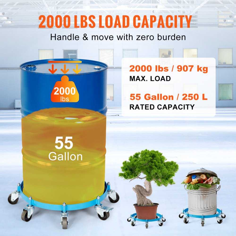 VEVOR 55 Gallon Heavy Duty Drum Dolly, 2000lbs Load Capacity, Barrel Dolly Cart Drum Caddy, Non Tipping Hand Truck Capacity Dollies with Steel Frame 8 Swivel Casters Wheel, for Warehouse Drum Handling 