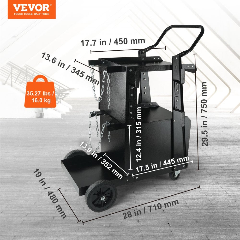 VEVOR Welding Cart, 2-Tier Heavy Duty Welder Cart with Anti-Theft Lockable Cabinet, 265LBS Static Weight Capacity, 360° Swivel Wheels Tank Storage Safety Chains for TIG, ARC, Plasma Cutter 