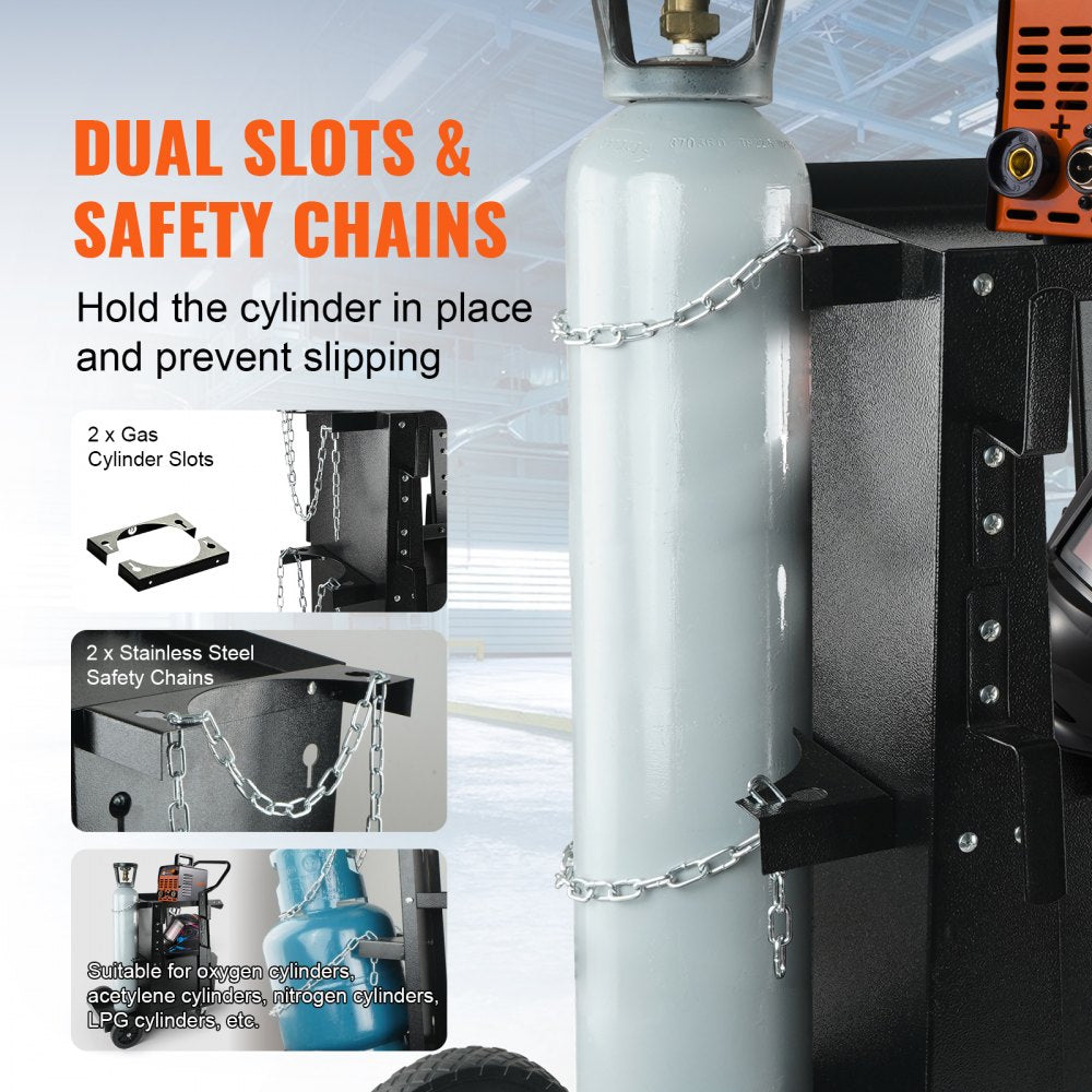 VEVOR Welding Cart, 2-Tier Heavy Duty Welder Cart with Anti-Theft Lockable Cabinet, 265LBS Static Weight Capacity, 360° Swivel Wheels Tank Storage Safety Chains for TIG, ARC, Plasma Cutter 