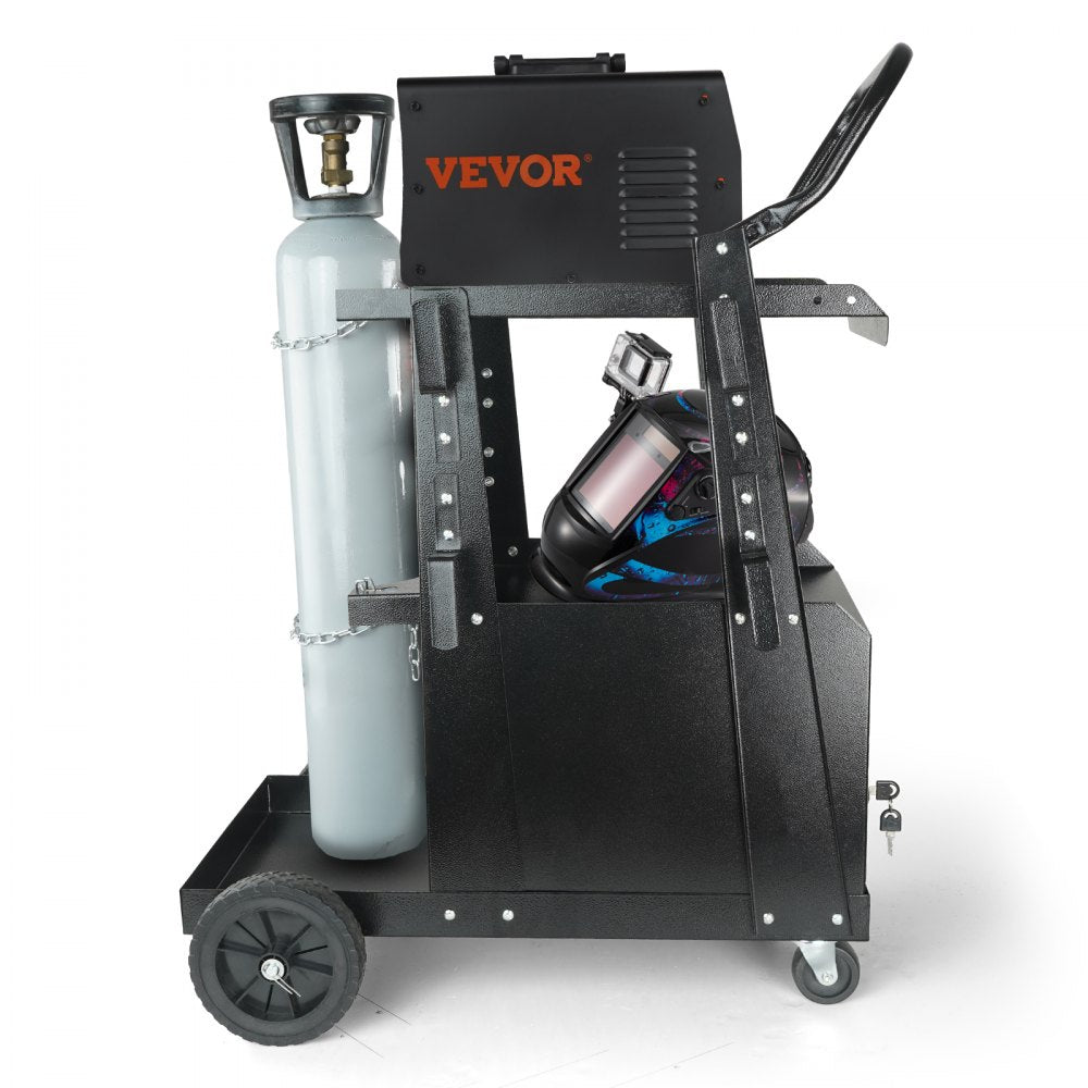 VEVOR Welding Cart, 2-Tier Heavy Duty Welder Cart with Anti-Theft Lockable Cabinet, 265LBS Static Weight Capacity, 360° Swivel Wheels Tank Storage Safety Chains for TIG, ARC, Plasma Cutter 