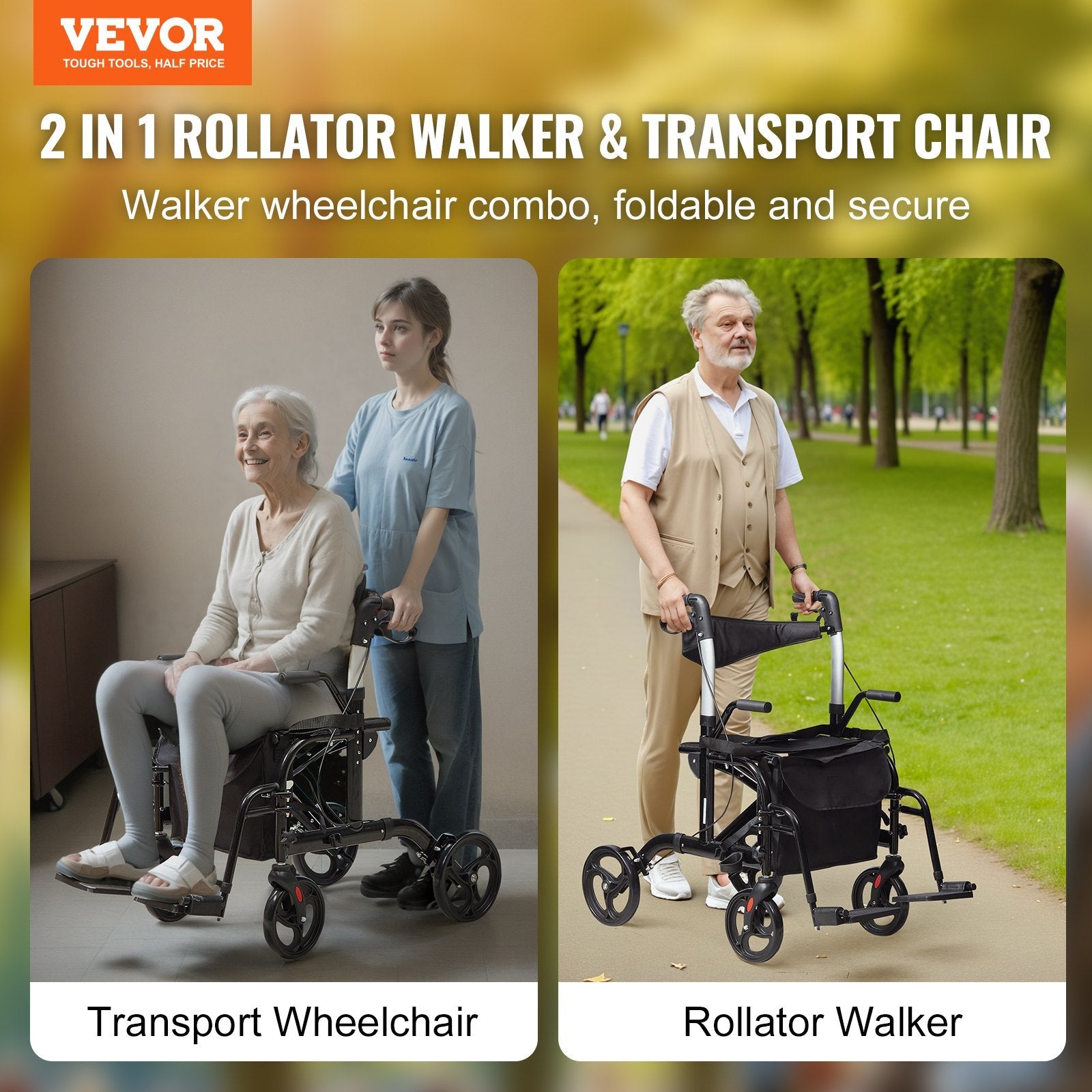 VEVOR 2 in 1 Rollator Walker & Transport Chair for Seniors, Folding Rolling Walker Wheelchair Combo & Footrests, Lightweight Aluminum Mobility Walker with Adjustable Handle, All Terrain Wheels, 300LBS 