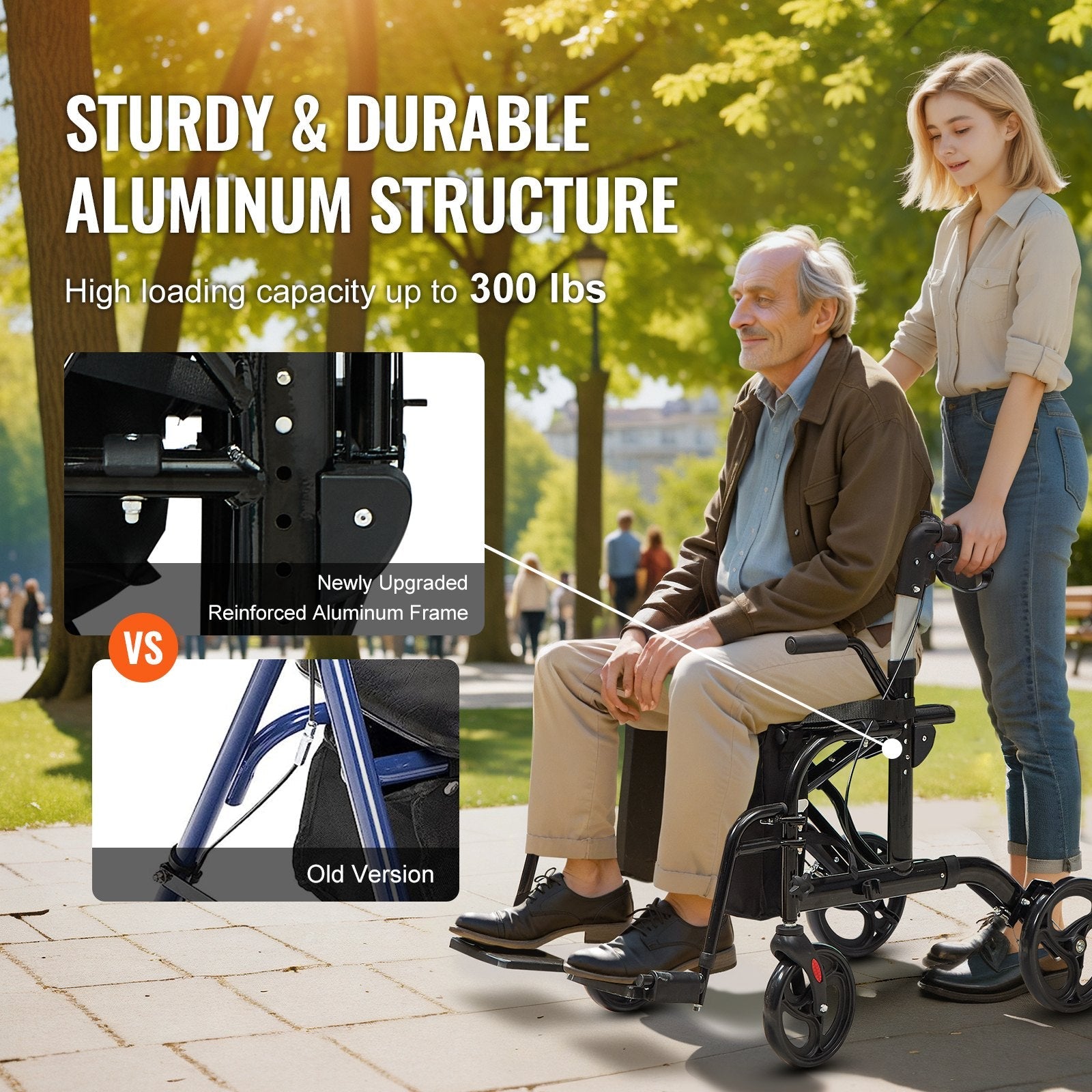 VEVOR 2 in 1 Rollator Walker & Transport Chair for Seniors, Folding Rolling Walker Wheelchair Combo & Footrests, Lightweight Aluminum Mobility Walker with Adjustable Handle, All Terrain Wheels, 300LBS 