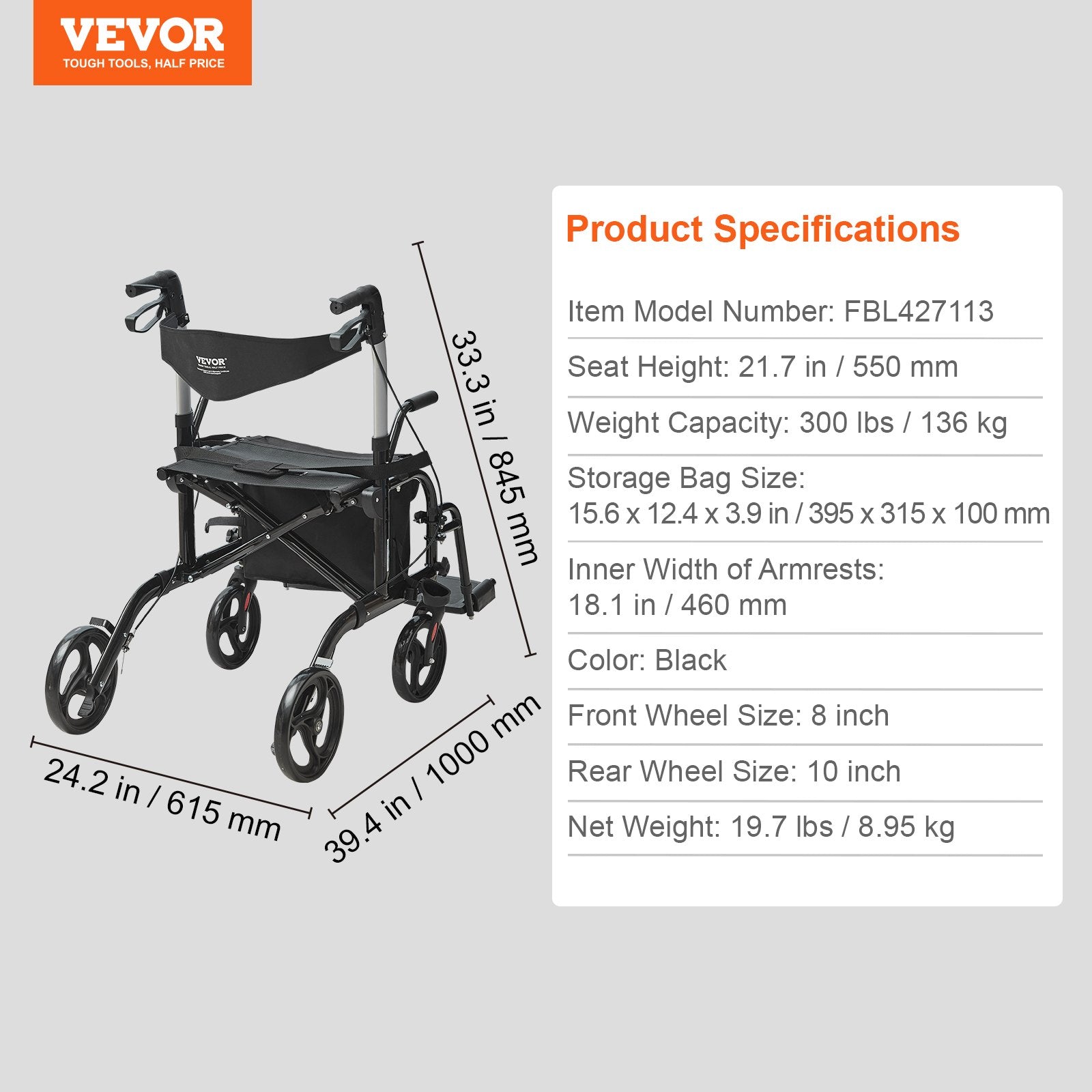 VEVOR 2 in 1 Rollator Walker & Transport Chair for Seniors, Folding Rolling Walker Wheelchair Combo & Footrests, Lightweight Aluminum Mobility Walker with Adjustable Handle, All Terrain Wheels, 300LBS 
