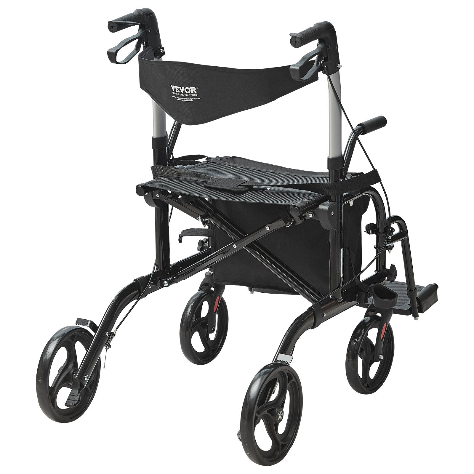 VEVOR 2 in 1 Rollator Walker & Transport Chair for Seniors, Folding Rolling Walker Wheelchair Combo & Footrests, Lightweight Aluminum Mobility Walker with Adjustable Handle, All Terrain Wheels, 300LBS 