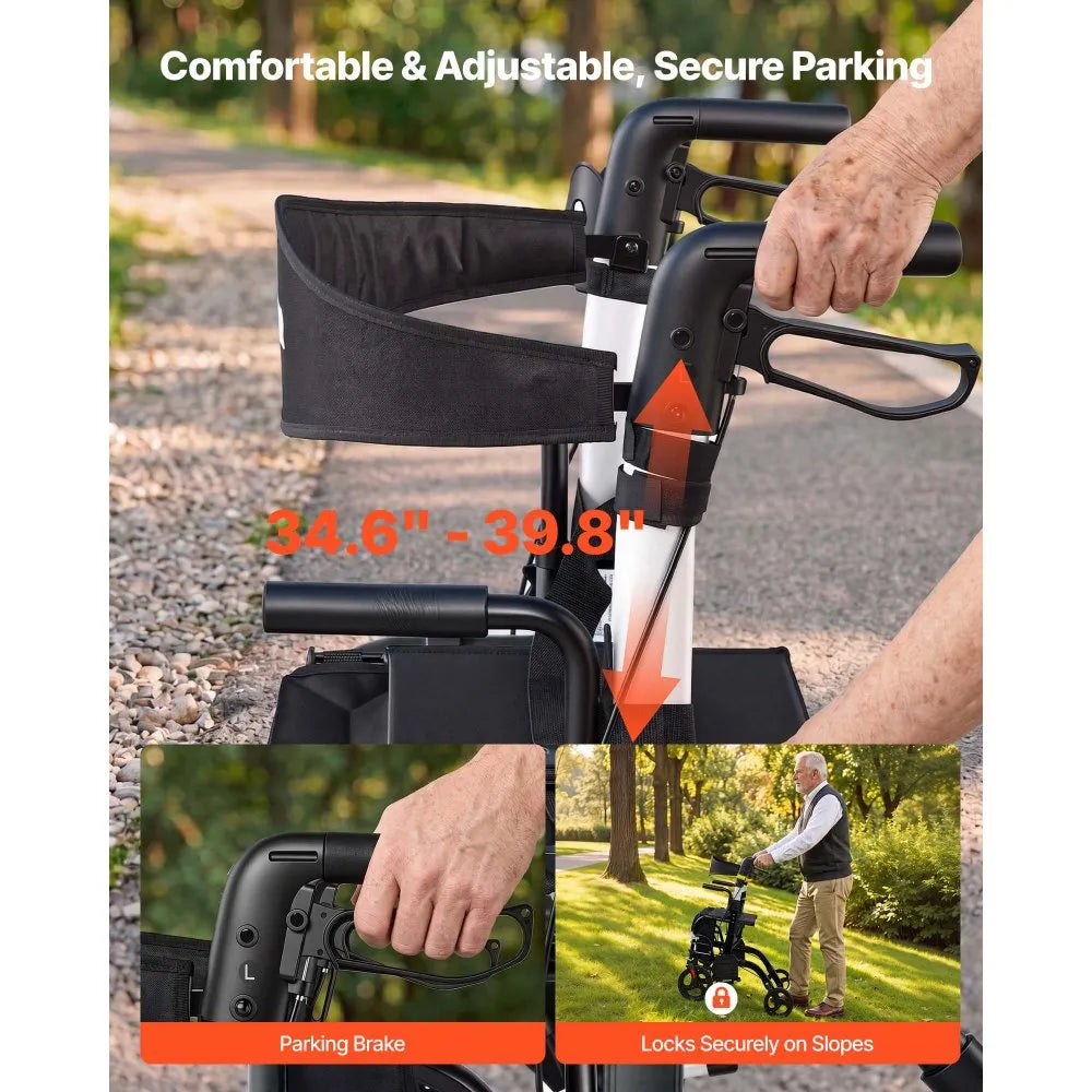 2-in-1 Rollator Walker & Transport Chair – Foldable Aluminum Mobility Aid with Seat, Cup Holder & Cane Holder