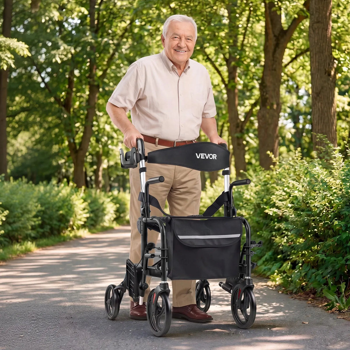 2-in-1 Rollator Walker & Transport Chair – Foldable Aluminum Mobility Aid with Seat, Cup Holder & Cane Holder