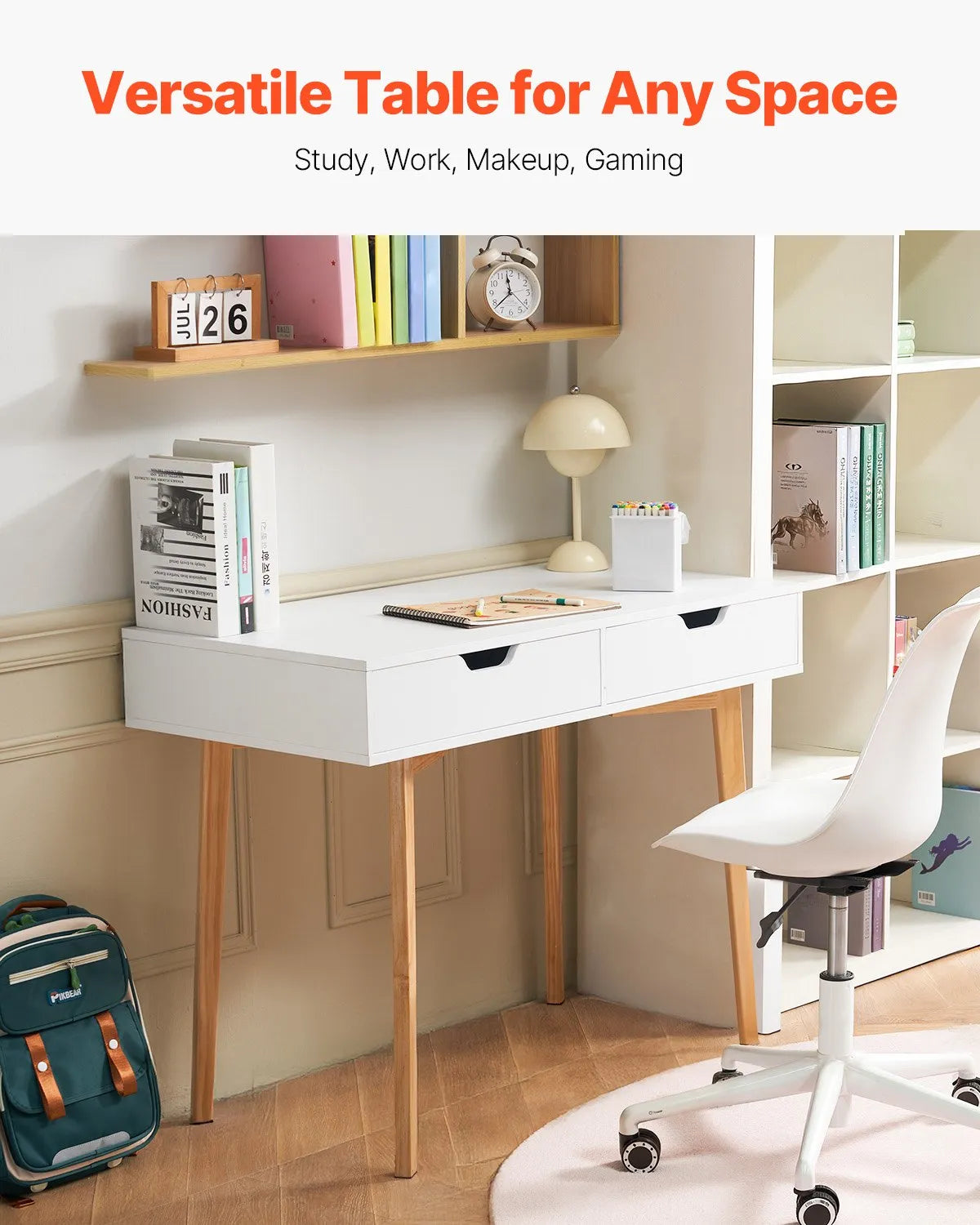 VEVOR Small Desk with Drawer Kids Desk for Bedroom Wooden Study Table White+Wood