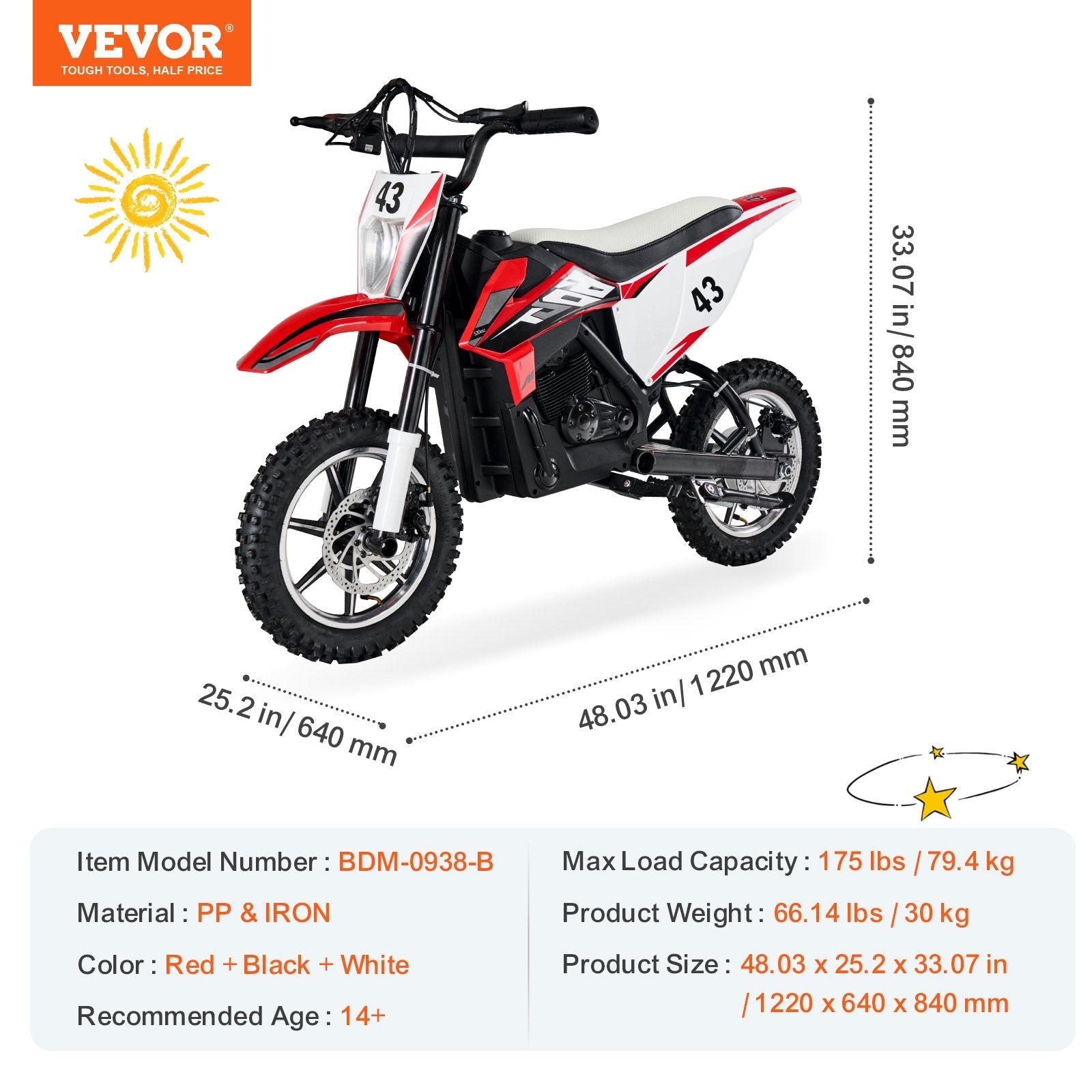 VEVOR Kids Ride on Motorcycle 36V Electric Motorbike with LED for Kids Aged 14+ 