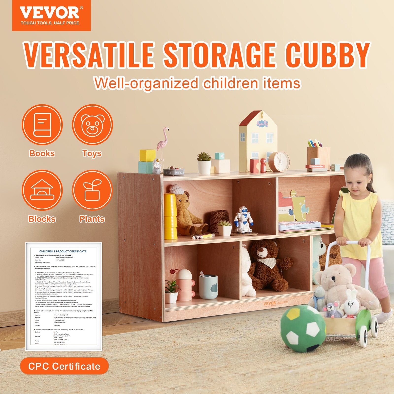 VEVOR 4-Tier Kids Wooden Bookshelf, Six-Layer Sling Bookcase, Baby Storage Book Rack, Book Toy Organizer Cabinet, for Kids Room, Playroom, Kindergarten, Nursery 