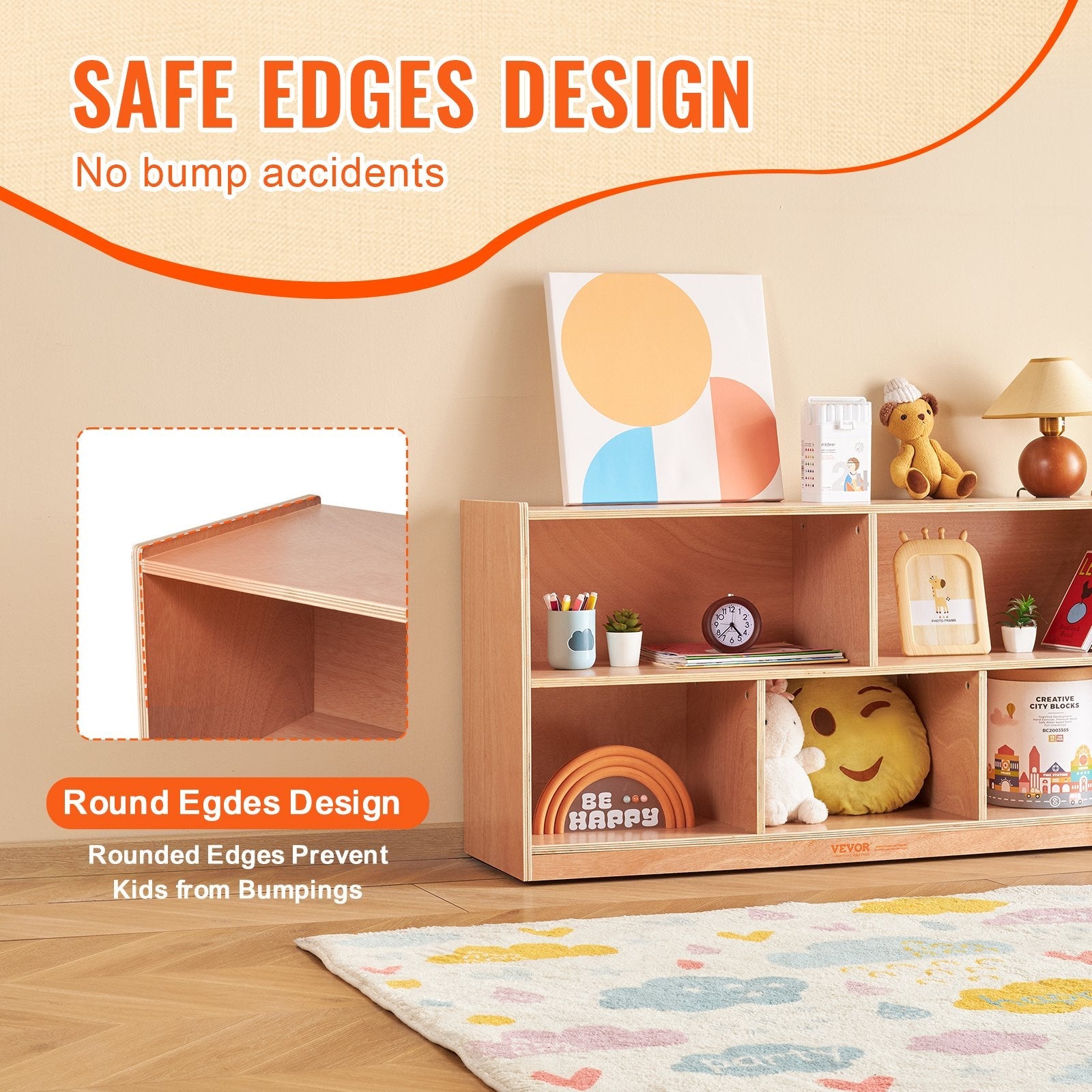 VEVOR 4-Tier Kids Wooden Bookshelf, Six-Layer Sling Bookcase, Baby Storage Book Rack, Book Toy Organizer Cabinet, for Kids Room, Playroom, Kindergarten, Nursery 