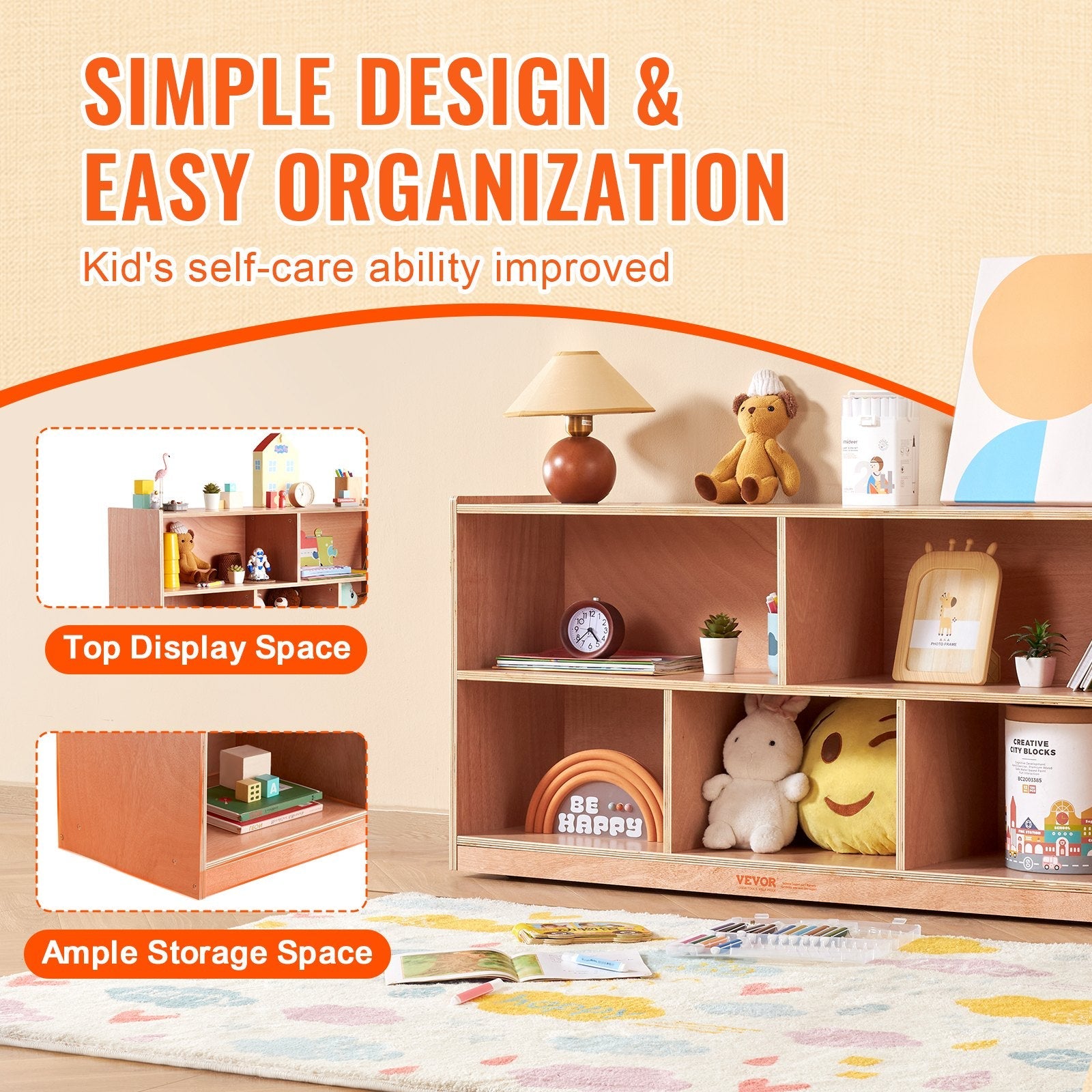 VEVOR 4-Tier Kids Wooden Bookshelf, Six-Layer Sling Bookcase, Baby Storage Book Rack, Book Toy Organizer Cabinet, for Kids Room, Playroom, Kindergarten, Nursery 
