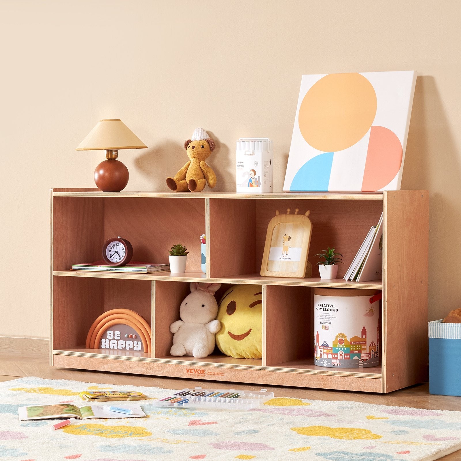 VEVOR 4-Tier Kids Wooden Bookshelf, Six-Layer Sling Bookcase, Baby Storage Book Rack, Book Toy Organizer Cabinet, for Kids Room, Playroom, Kindergarten, Nursery 