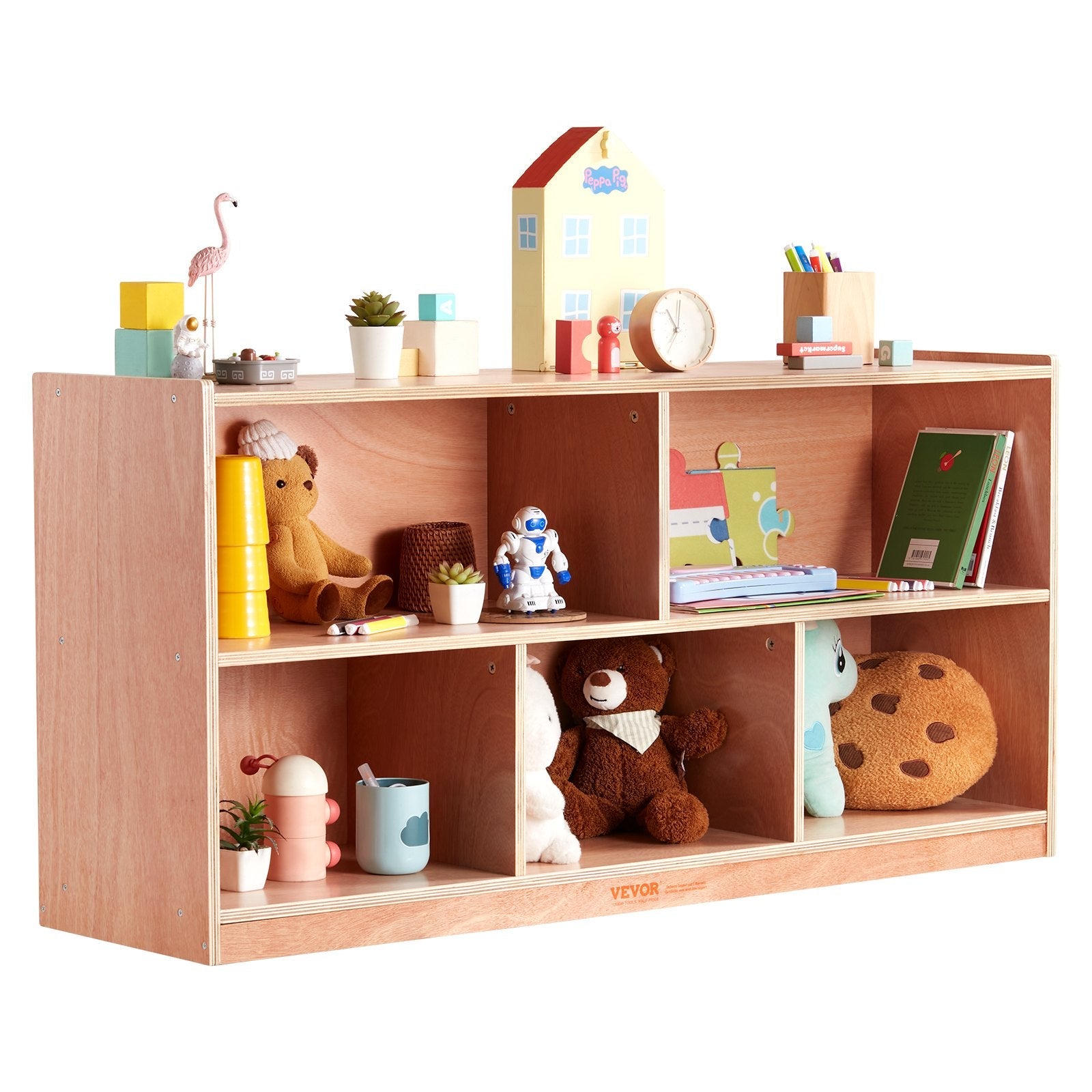 VEVOR 4-Tier Kids Wooden Bookshelf, Six-Layer Sling Bookcase, Baby Storage Book Rack, Book Toy Organizer Cabinet, for Kids Room, Playroom, Kindergarten, Nursery 