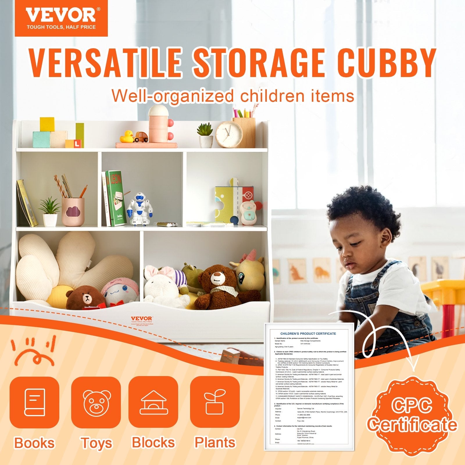 VEVOR Wood Kid Storage Cubby, Toy Storage Organizer with Bookshelf, 5-Cubby Wood Toy Storage Cabinet, Children Book Toy Shelf for Kids Room, Playroom, Kindergarten, Nursery, White 