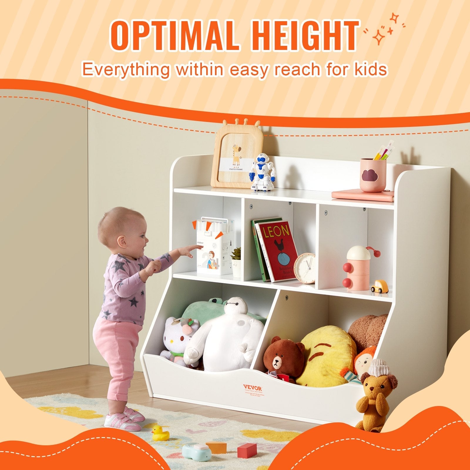 VEVOR Wood Kid Storage Cubby, Toy Storage Organizer with Bookshelf, 5-Cubby Wood Toy Storage Cabinet, Children Book Toy Shelf for Kids Room, Playroom, Kindergarten, Nursery, White 