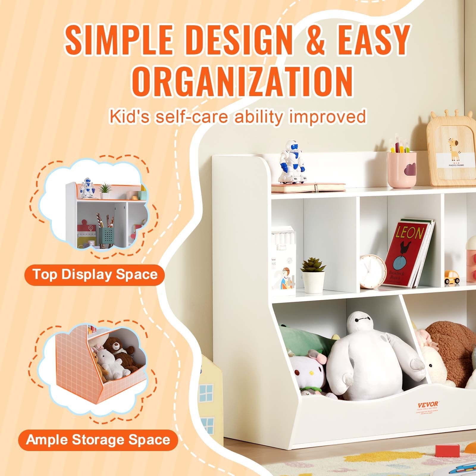 VEVOR Wood Kid Storage Cubby, Toy Storage Organizer with Bookshelf, 5-Cubby Wood Toy Storage Cabinet, Children Book Toy Shelf for Kids Room, Playroom, Kindergarten, Nursery, White 