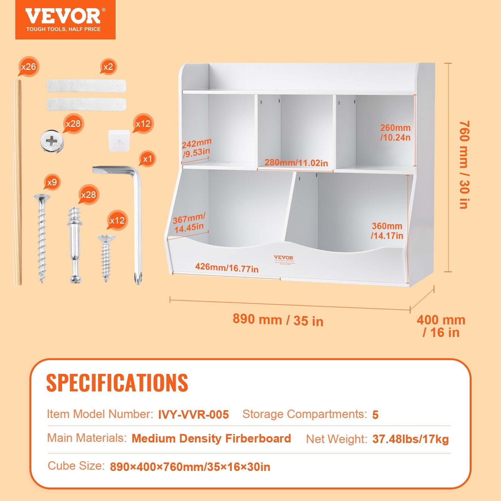 VEVOR Wood Kid Storage Cubby, Toy Storage Organizer with Bookshelf, 5-Cubby Wood Toy Storage Cabinet, Children Book Toy Shelf for Kids Room, Playroom, Kindergarten, Nursery, White 
