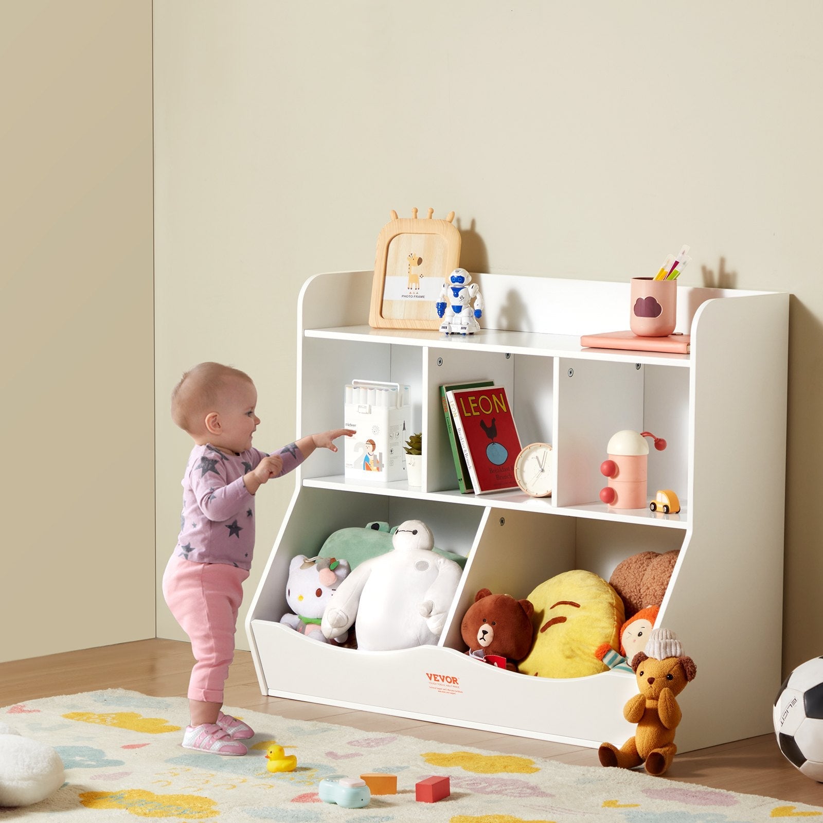 VEVOR Wood Kid Storage Cubby, Toy Storage Organizer with Bookshelf, 5-Cubby Wood Toy Storage Cabinet, Children Book Toy Shelf for Kids Room, Playroom, Kindergarten, Nursery, White 