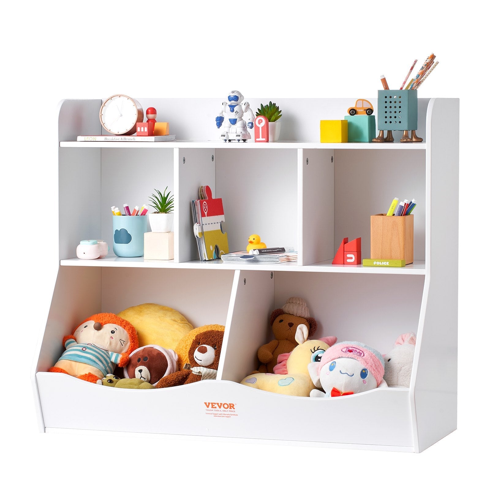 VEVOR Wood Kid Storage Cubby, Toy Storage Organizer with Bookshelf, 5-Cubby Wood Toy Storage Cabinet, Children Book Toy Shelf for Kids Room, Playroom, Kindergarten, Nursery, White 