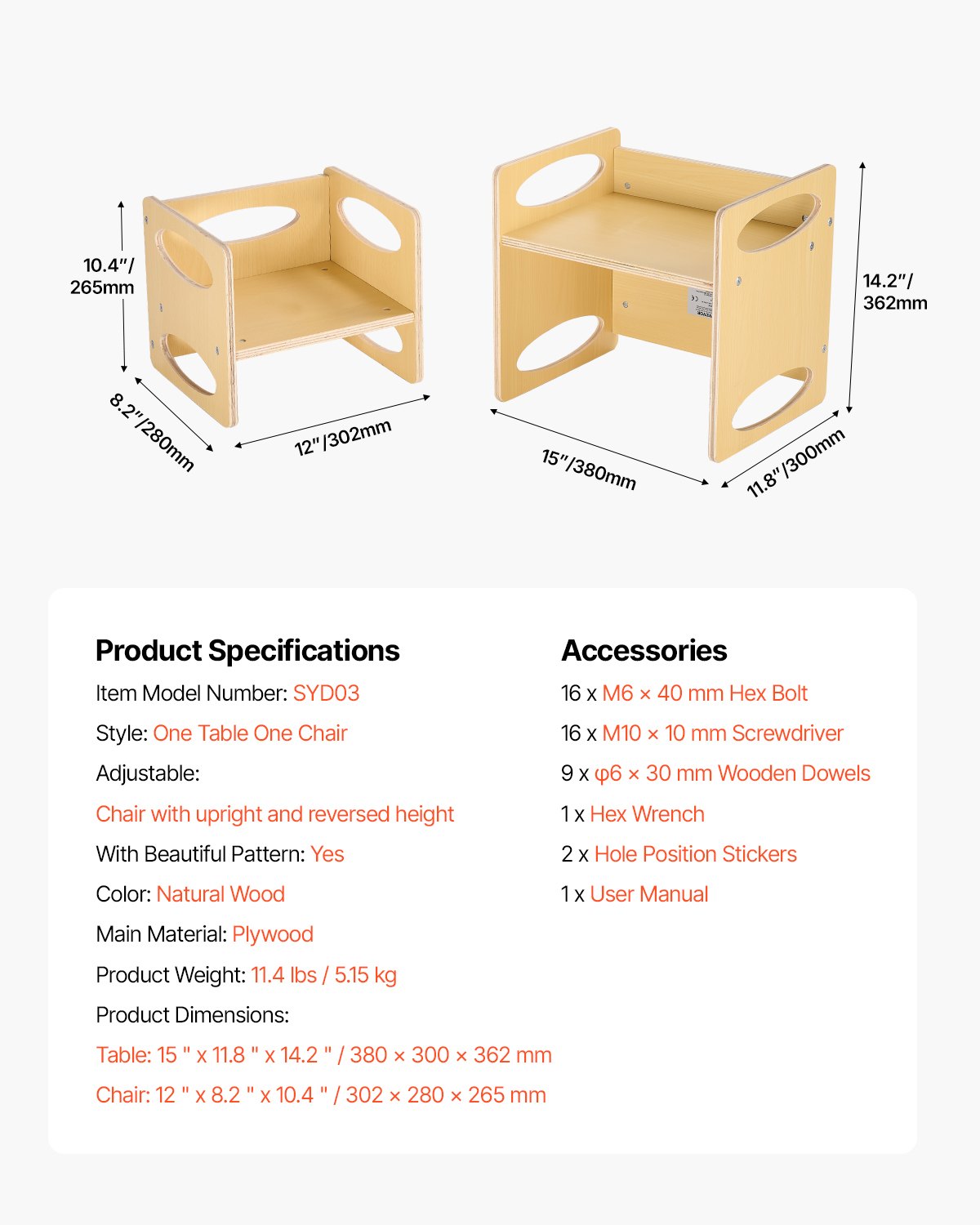 VEVOR Weaning Table and Chair Set Montessori Kids Activity Table and Chair Wood 