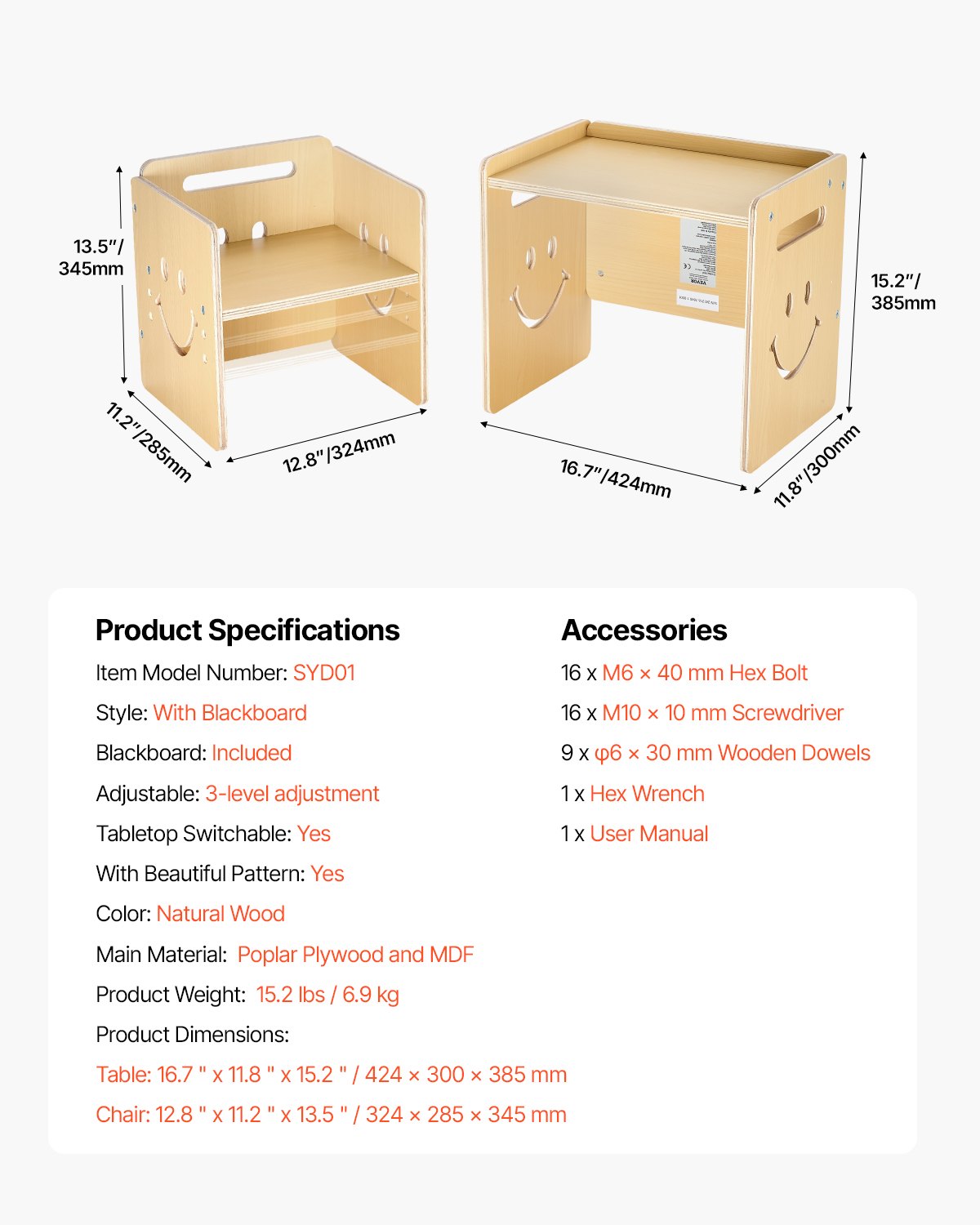 VEVOR Weaning Table and Chair Set Montessori Toddler Desk with Blackboard Wood 