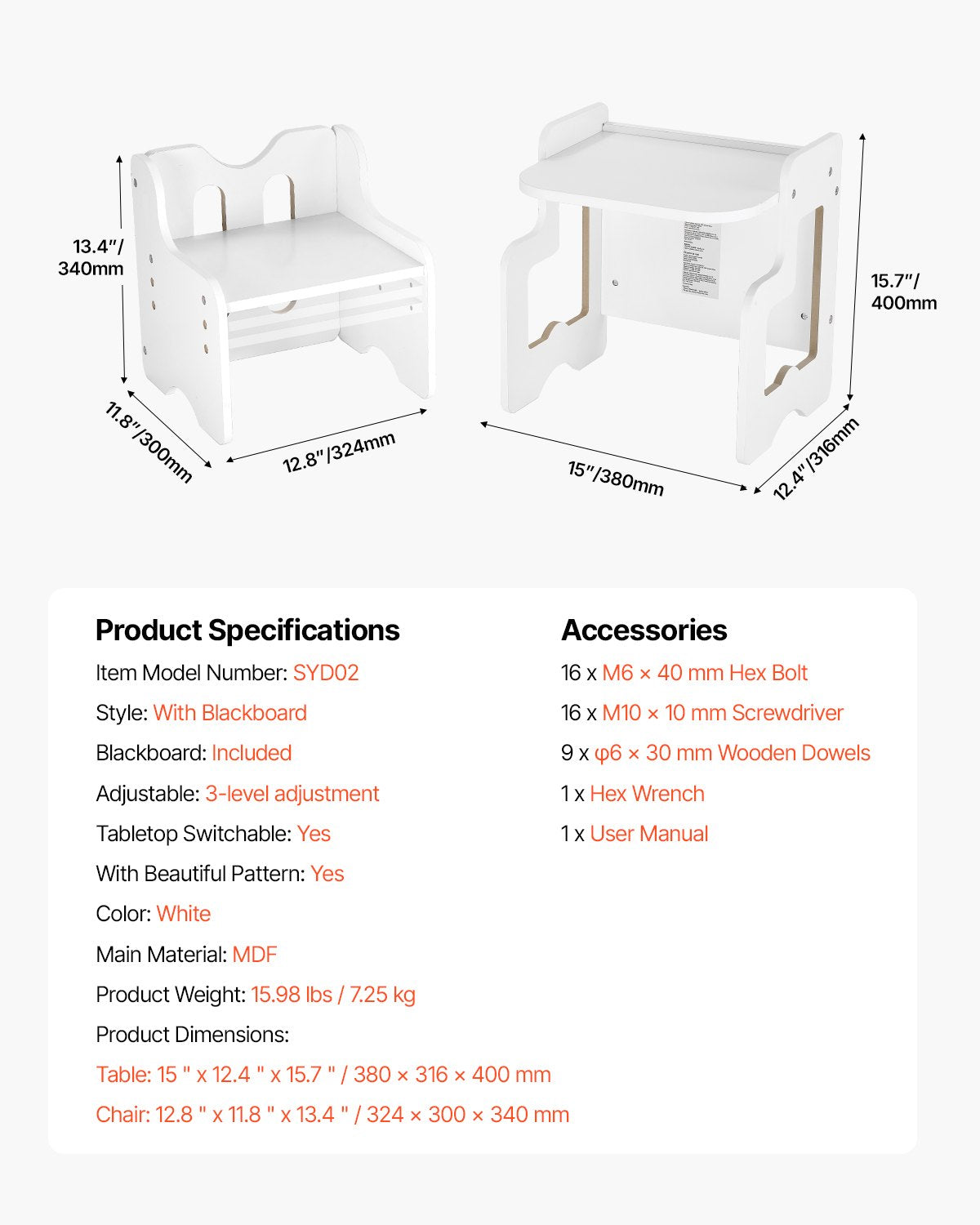 VEVOR Weaning Table and Chair Set Montessori Toddler Desk with Blackboard White 