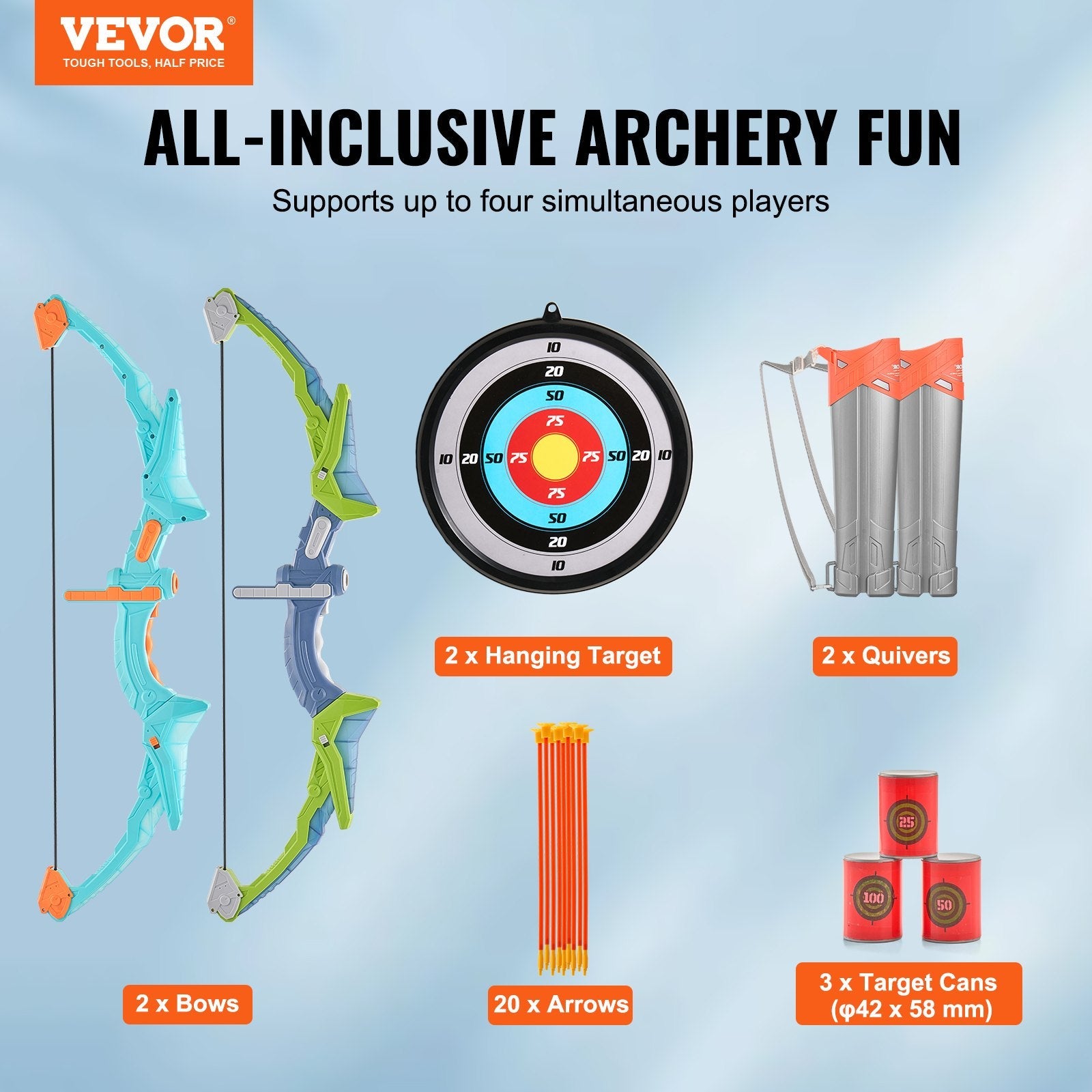 VEVOR Bow and Arrow Set for Kids, 2 Pack LED Light Up Archery Set with 20 Suction Cup Arrows, 2 Hanging Targets, 2 Quivers, 3 Target Cans, Outdoor Toy Birthday Gift for Boy & Girl 6 7 8 9 10+ Year Old 