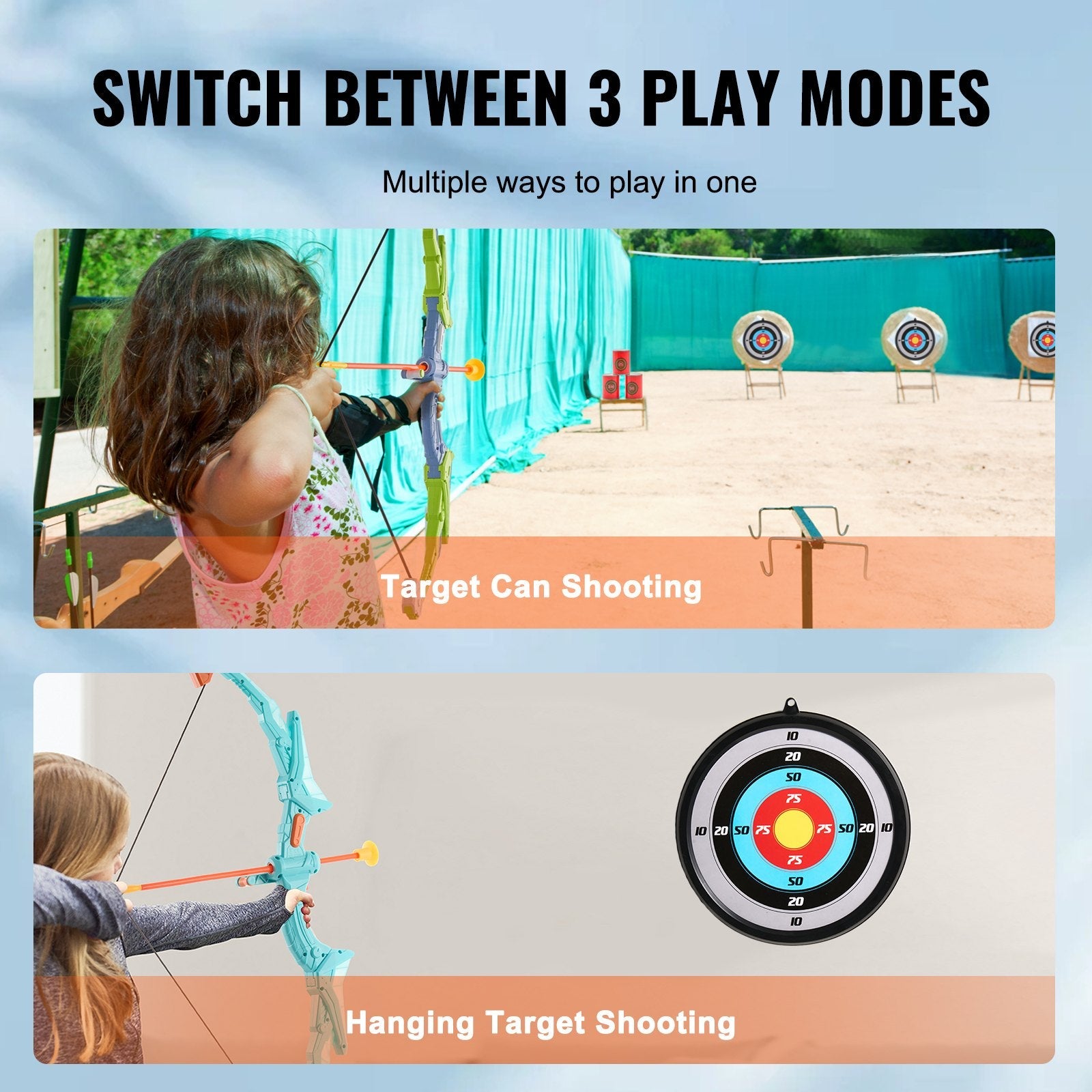 VEVOR Bow and Arrow Set for Kids, 2 Pack LED Light Up Archery Set with 20 Suction Cup Arrows, 2 Hanging Targets, 2 Quivers, 3 Target Cans, Outdoor Toy Birthday Gift for Boy & Girl 6 7 8 9 10+ Year Old 