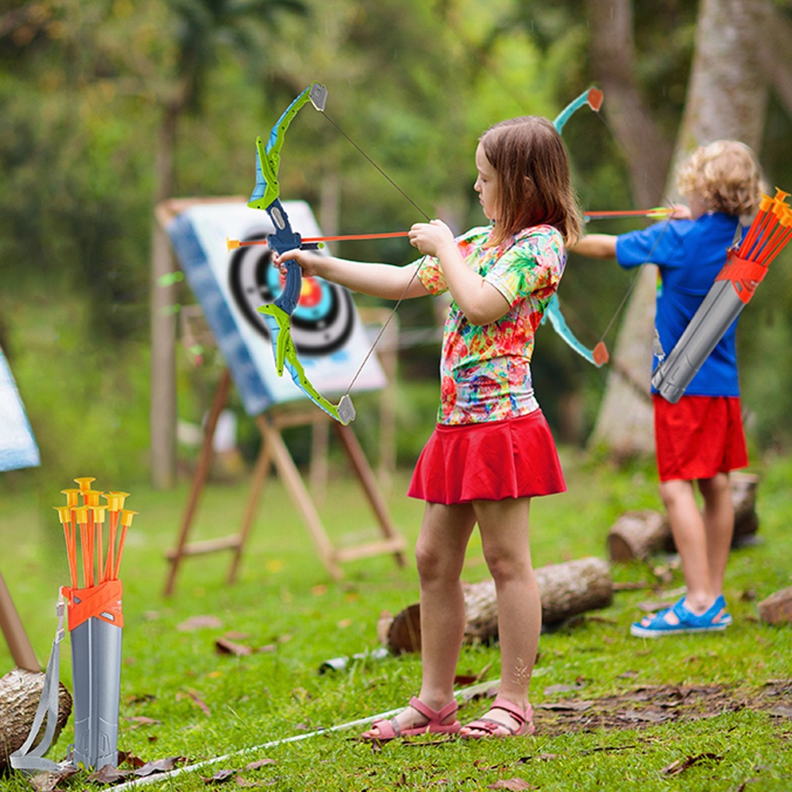 VEVOR Bow and Arrow Set for Kids, 2 Pack LED Light Up Archery Set with 20 Suction Cup Arrows, 2 Hanging Targets, 2 Quivers, 3 Target Cans, Outdoor Toy Birthday Gift for Boy & Girl 6 7 8 9 10+ Year Old 