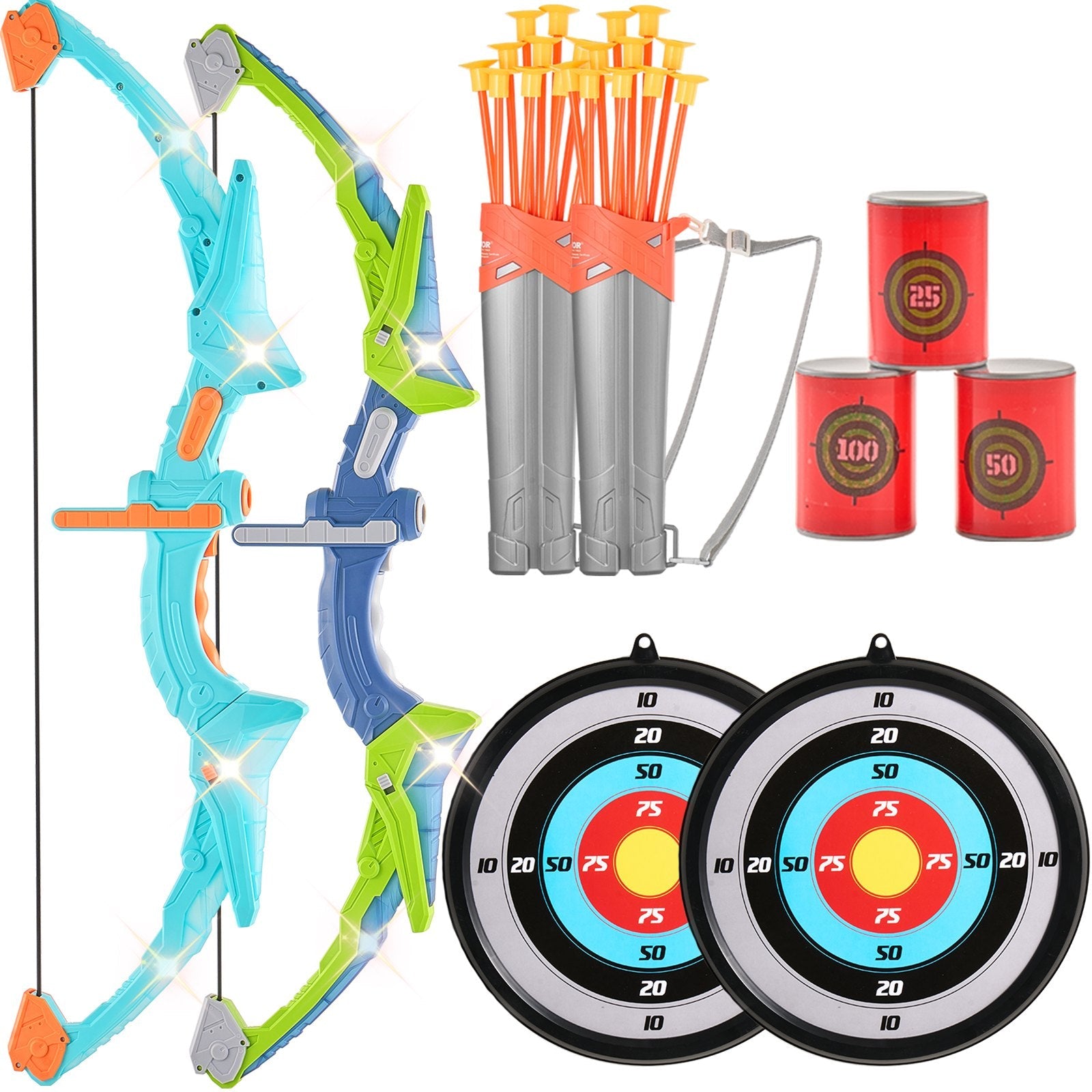 VEVOR Bow and Arrow Set for Kids, 2 Pack LED Light Up Archery Set with 20 Suction Cup Arrows, 2 Hanging Targets, 2 Quivers, 3 Target Cans, Outdoor Toy Birthday Gift for Boy & Girl 6 7 8 9 10+ Year Old 