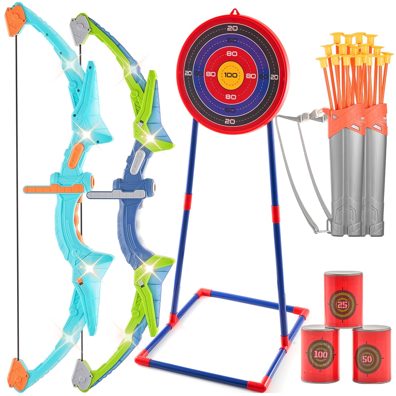 VEVOR Bow and Arrow Set for Kids, 2 Pack LED Light Up Archery Set with 20 Suction Cup Arrows, Standing Target, 2 Quivers, 3 Target Cans, Outdoor Toy Birthday Gift for Boys & Girls 6 7 8 9 10+ Year Old 