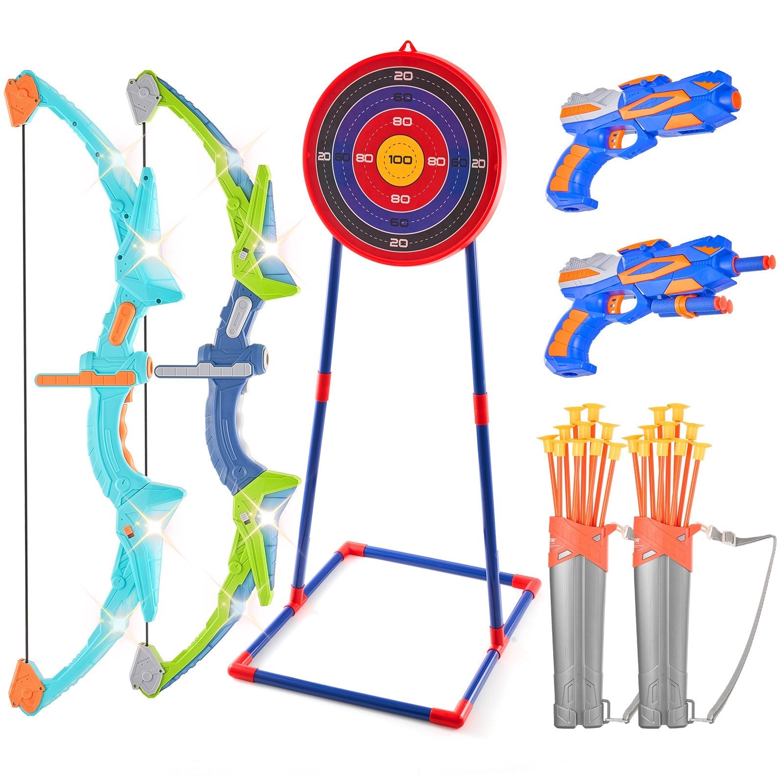 VEVOR Bow and Arrow Set for Kids, 2 Pack LED Light Up Archery Set with 20 Suction Cup Arrows, Standing Target, 2 Quivers, 2 Guns, 20 Soft Bullets, 3 Target Cans, Outdoor Toy for Boy & Girl 6+ Year Old 