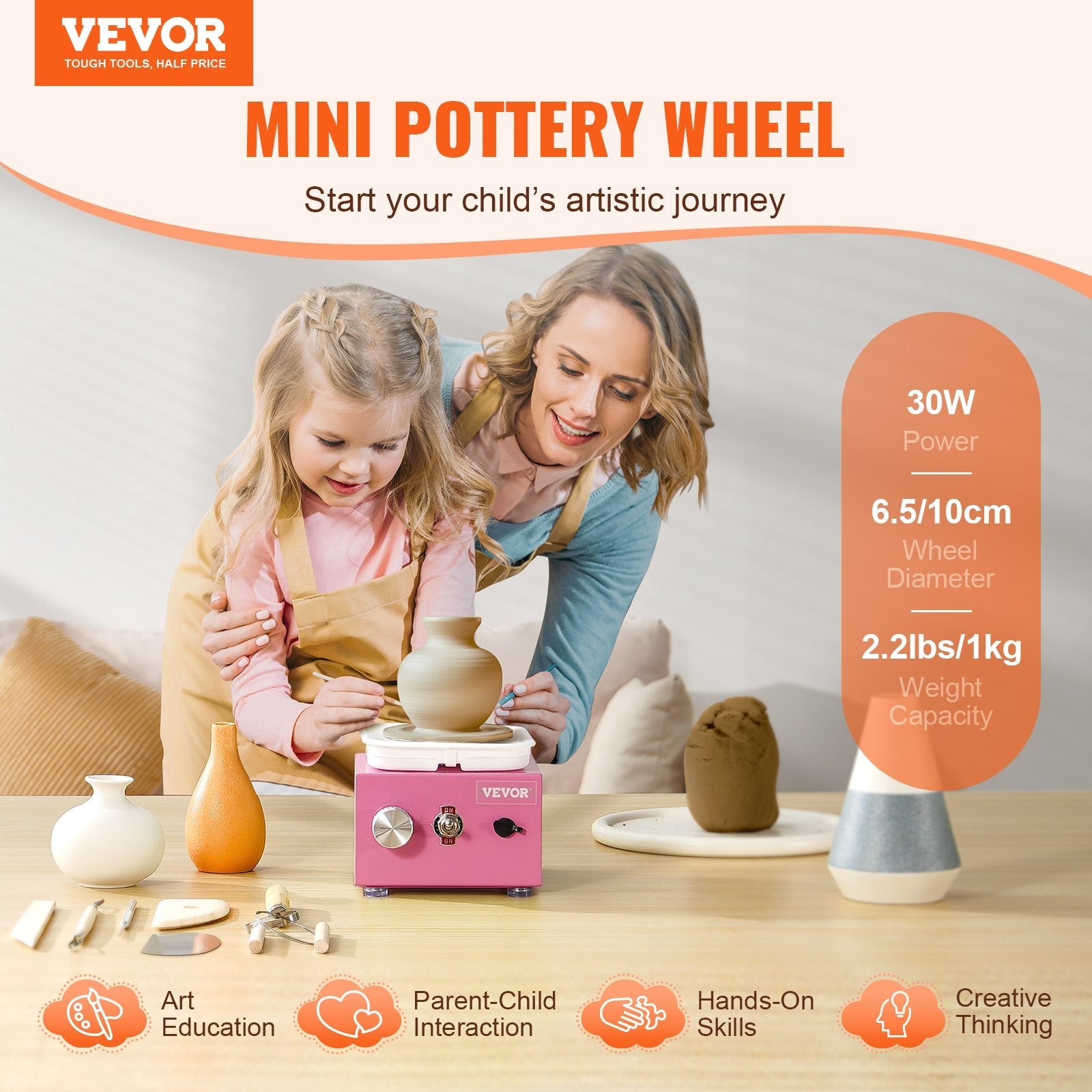 VEVOR Mini Pottery Wheel Electric Ceramic Wheel Machine 0-320RPM Speed Pink 