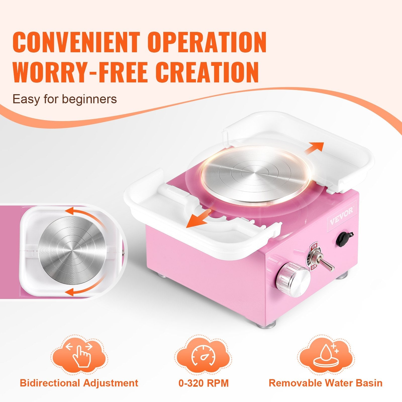VEVOR Mini Pottery Wheel Electric Ceramic Wheel Machine 0-320RPM Speed Pink 