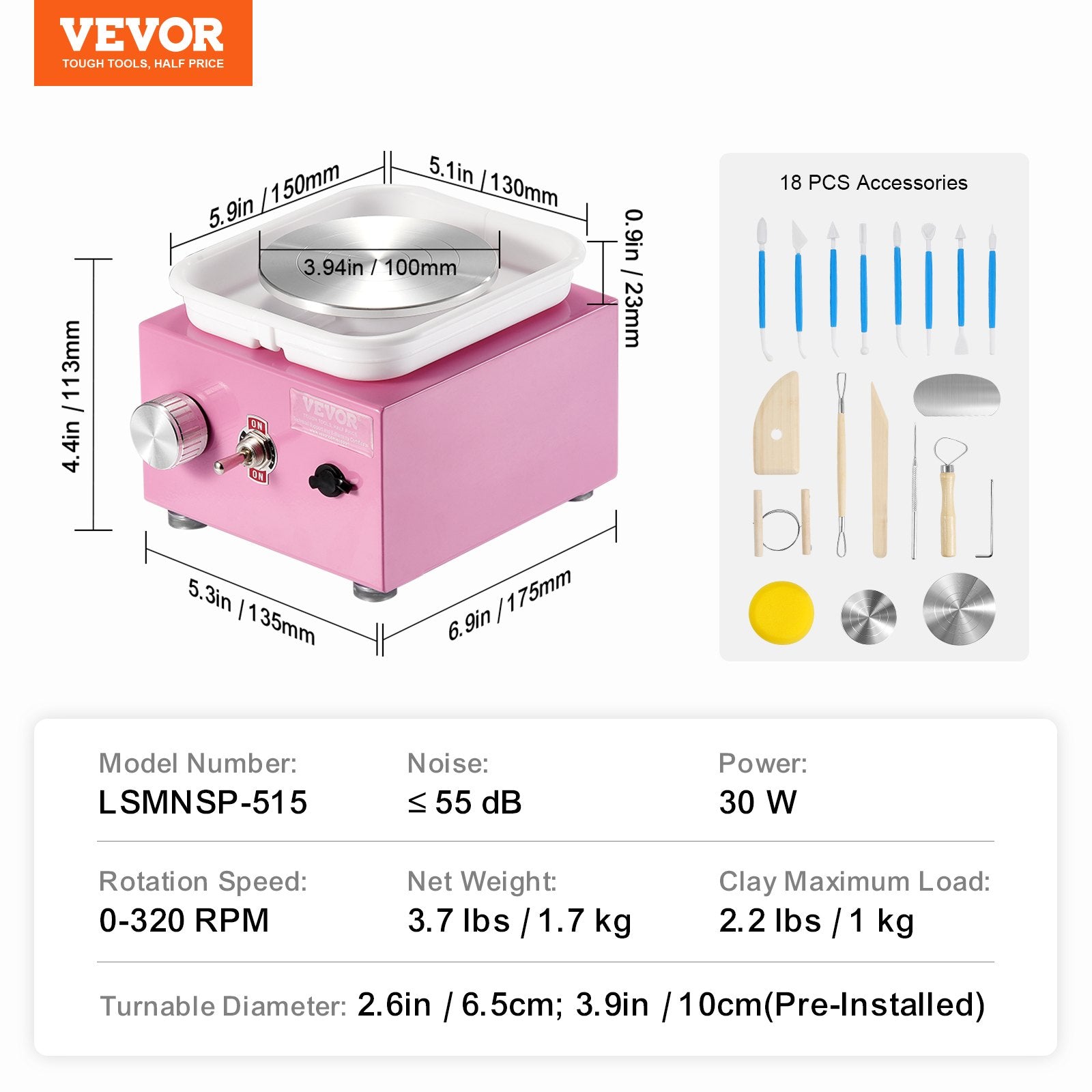 VEVOR Mini Pottery Wheel Electric Ceramic Wheel Machine 0-320RPM Speed Pink 