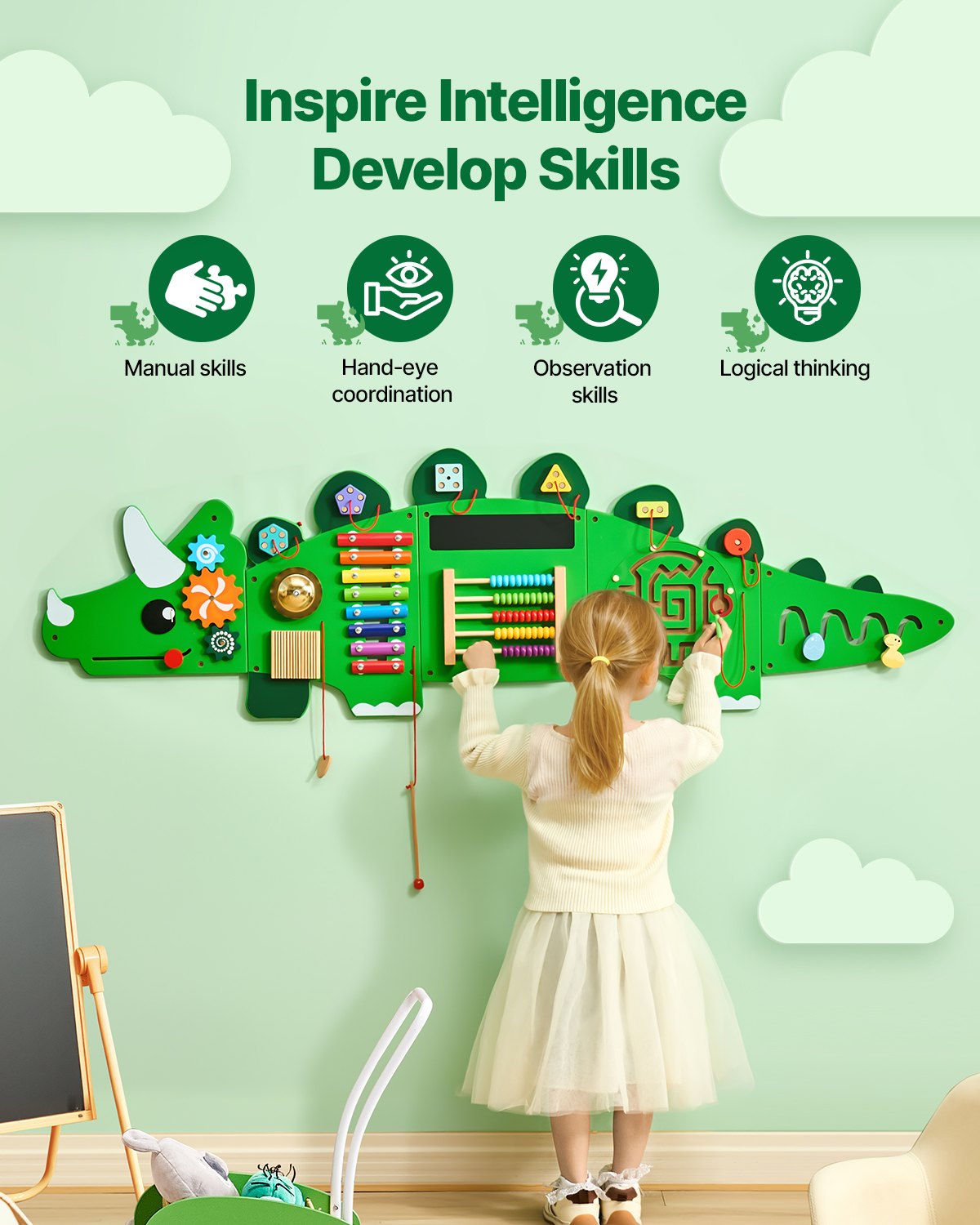 VEVOR Dinosaur Activity Wall Busy Board Panels 11 Activities Sensory Wall Panel 