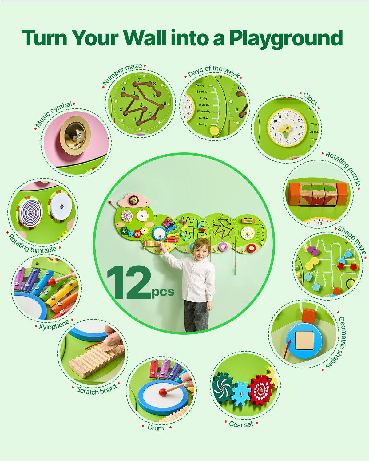VEVOR Caterpillar Activity Wall Busy Board Panels 12 Activities Sensory Wall Toy 