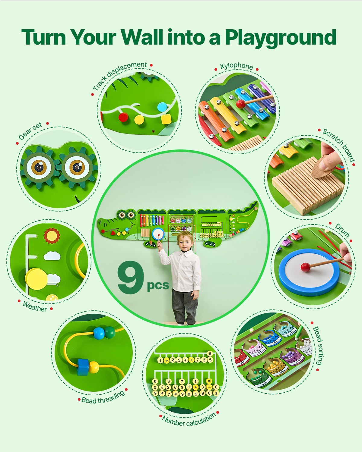 VEVOR Crocodile Activity Wall Busy Board Panels 9 Activities Sensory Wall Panel 