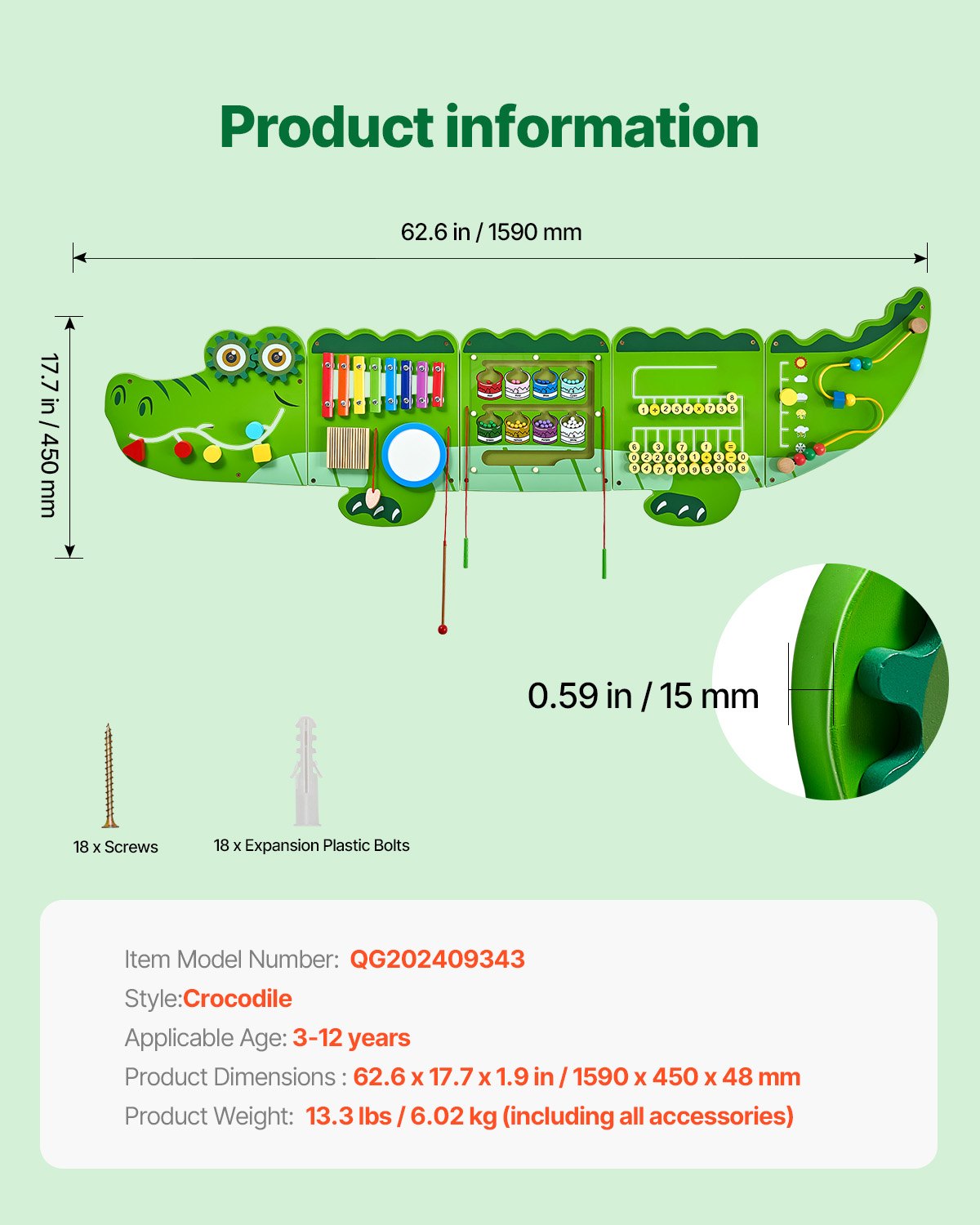 VEVOR Crocodile Activity Wall Busy Board Panels 9 Activities Sensory Wall Panel 
