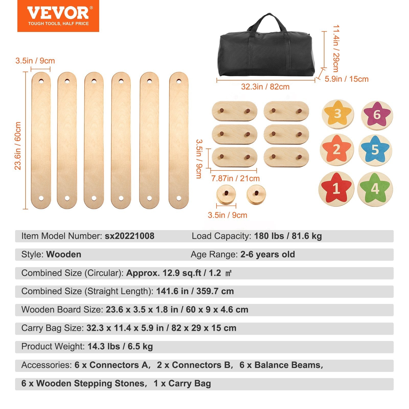 VEVOR Kids Balance Beam Stepping Stones Gymnastics Children Balance Board 6 PCS 
