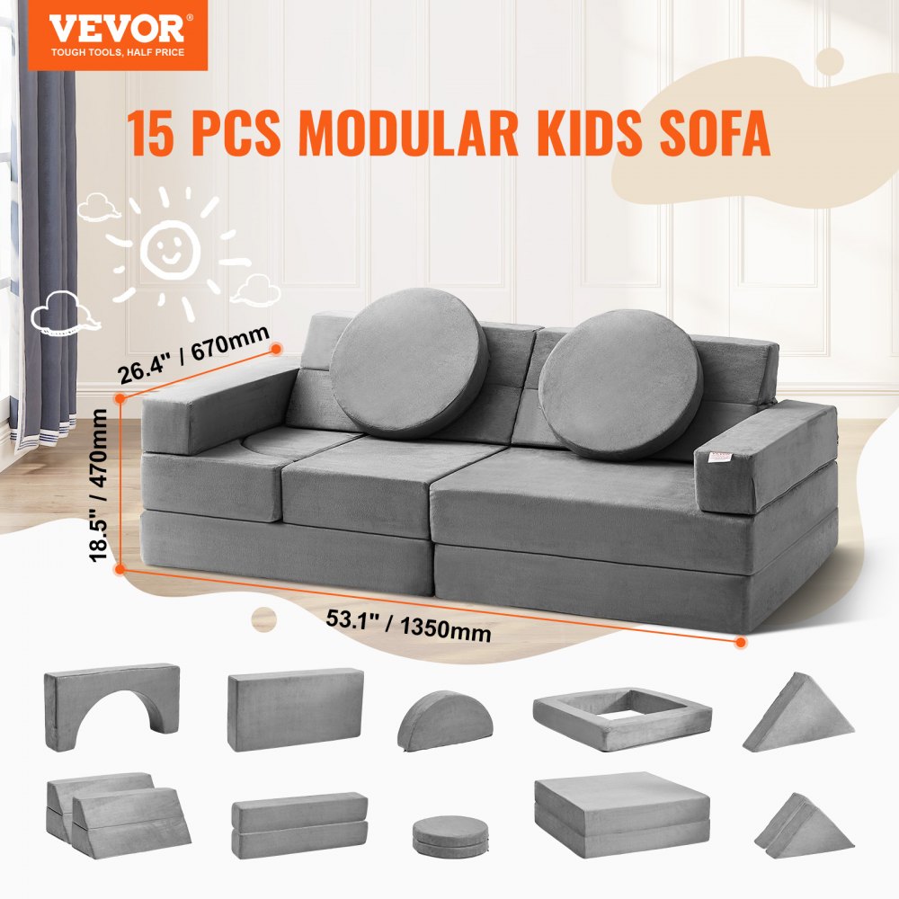 VEVOR Play Couch, 15pcs Modular Kids Nugget Couch, Toddler Foam Sofa Couch with High-density 25D Sponge for Playing, Creativing, Sleeping, Imaginative Kids Furniture for Bedroom and Playroom 