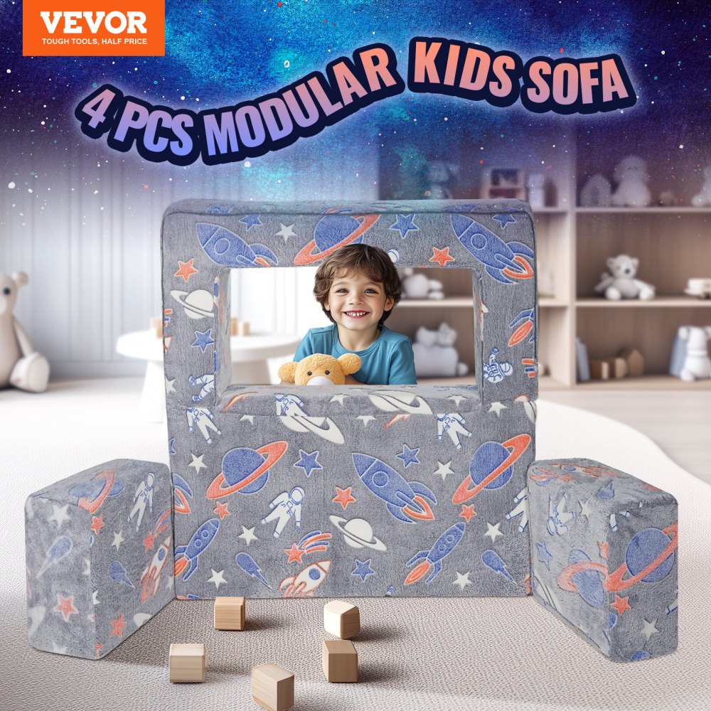 VEVOR Modular Kids Play Couch 4Pcs DIY Glow in the Dark Toddler Chair Grey 