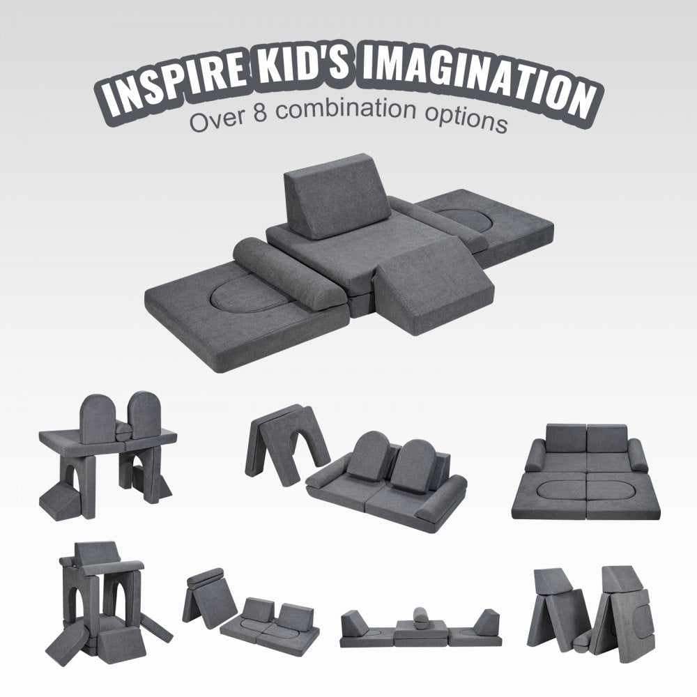 VEVOR Modular Kids Play Couch 10Pcs DIY Creative Toddler Sectional Sofa Grey 