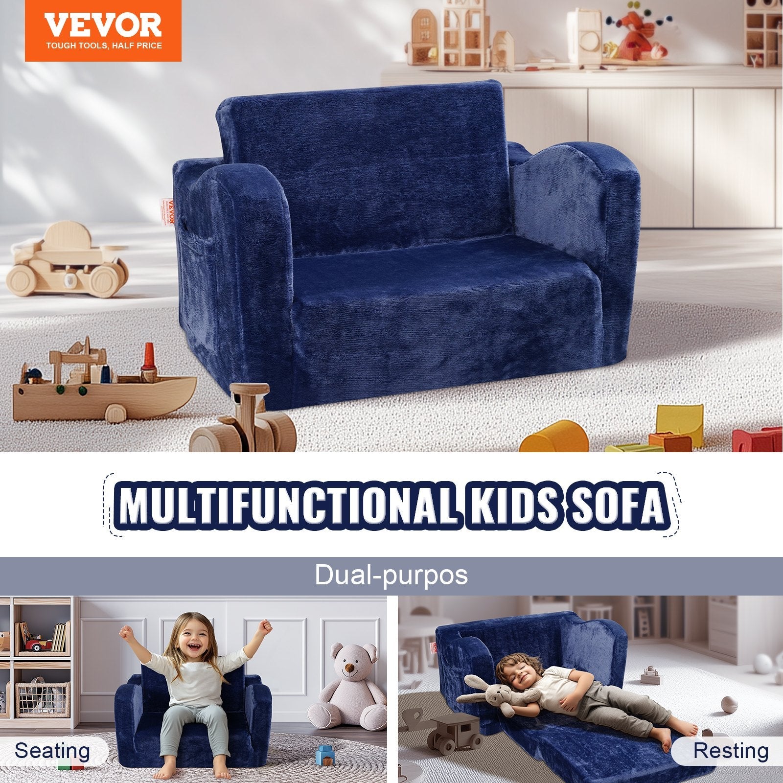 VEVOR Baby Chair Foldable 2-in-1 Comfy Baby Lounger Couch Kids Sofa Blue 