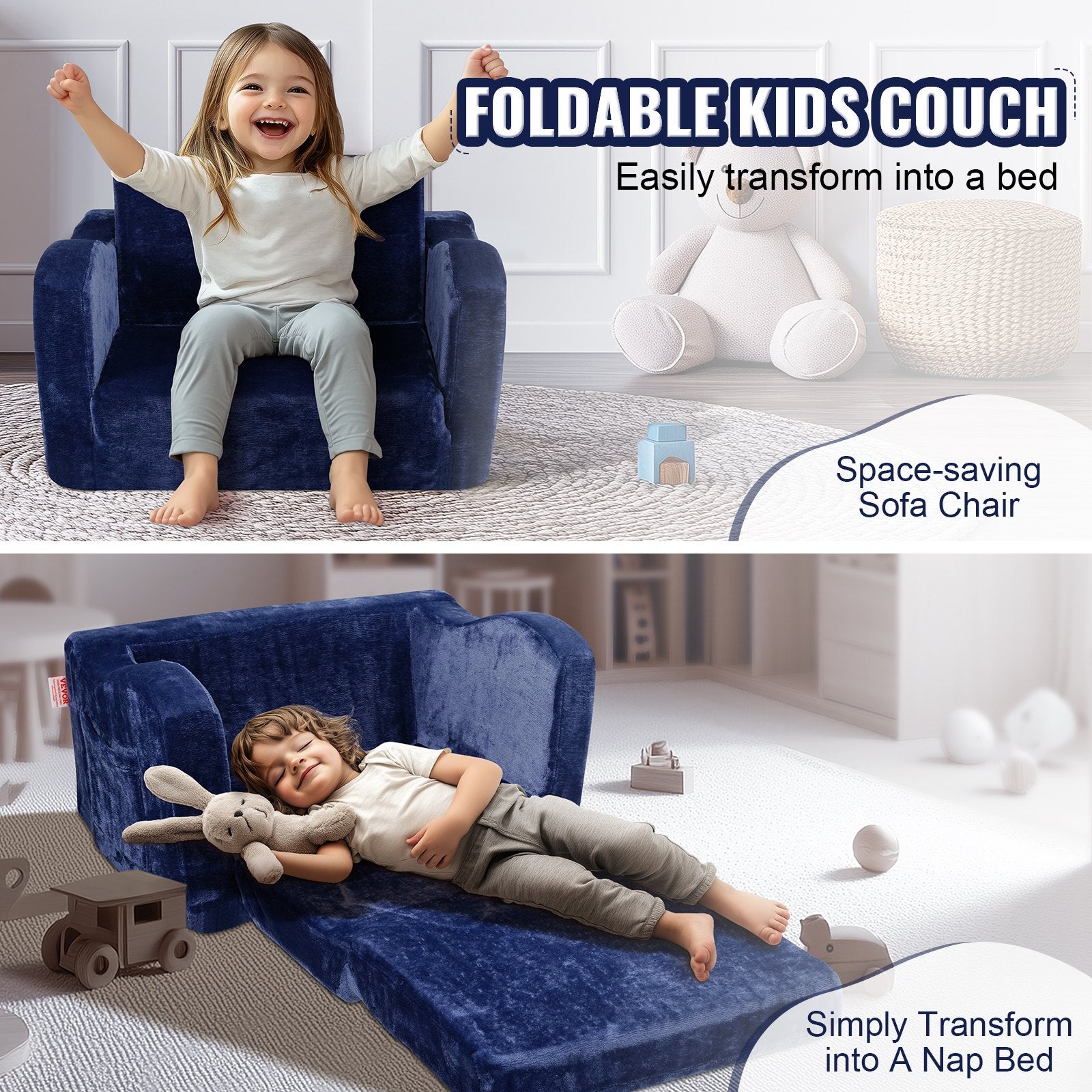 VEVOR Baby Chair Foldable 2-in-1 Comfy Baby Lounger Couch Kids Sofa Blue 