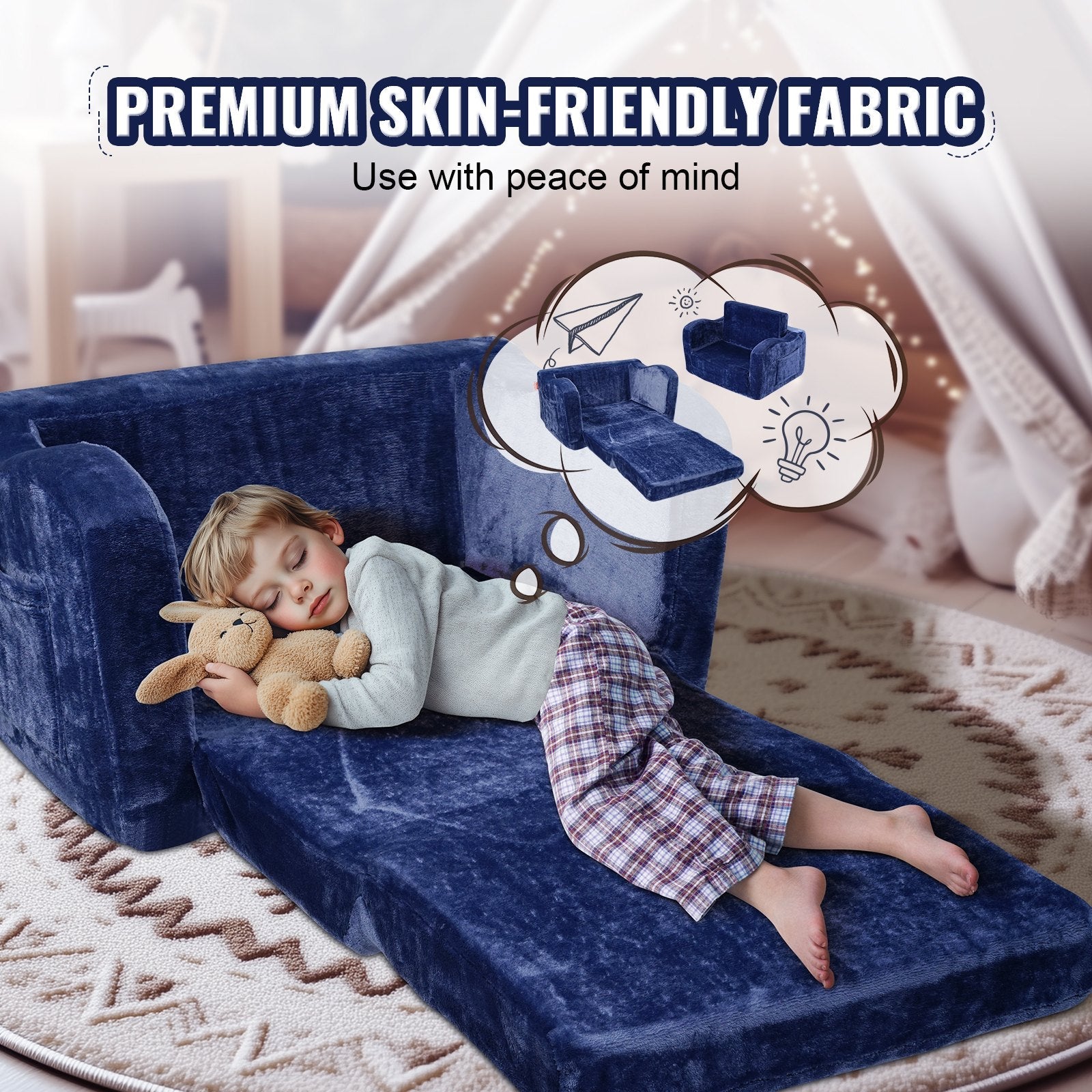 VEVOR Baby Chair Foldable 2-in-1 Comfy Baby Lounger Couch Kids Sofa Blue 