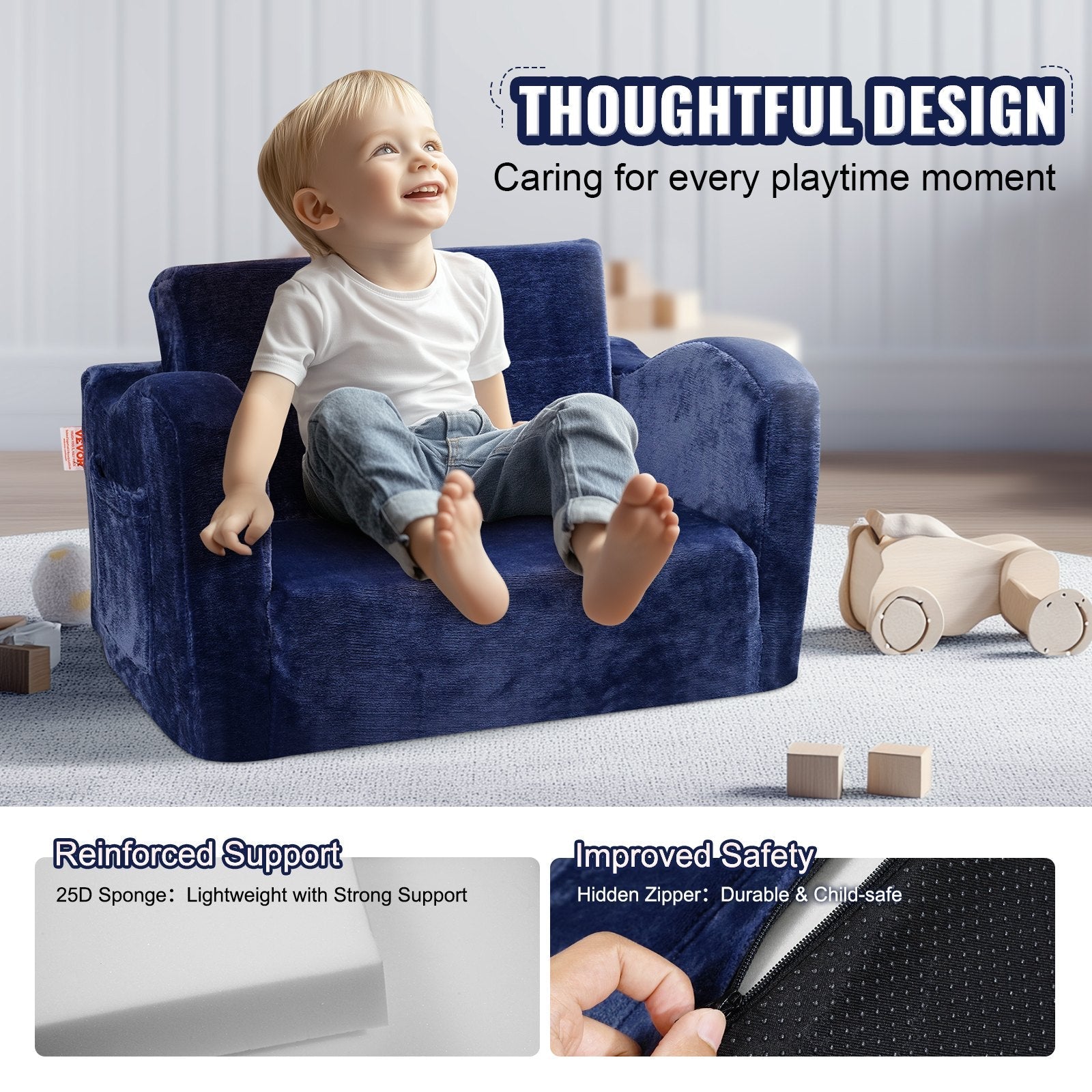 VEVOR Baby Chair Foldable 2-in-1 Comfy Baby Lounger Couch Kids Sofa Blue 