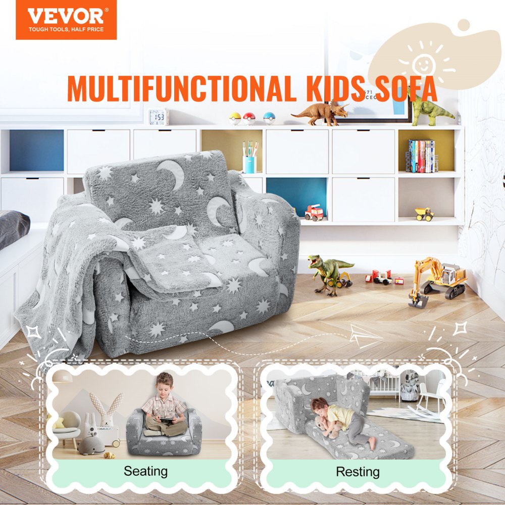 VEVOR Fold-out Kids Sofa, Glow-in-the-Dark Kids Couch Chair, 2-in-1 Children Convertible Sofa to Lounger, Extra Soft Flip-out Toddler Couch for Siting and Sleeping, for Bedroom and Playroom 