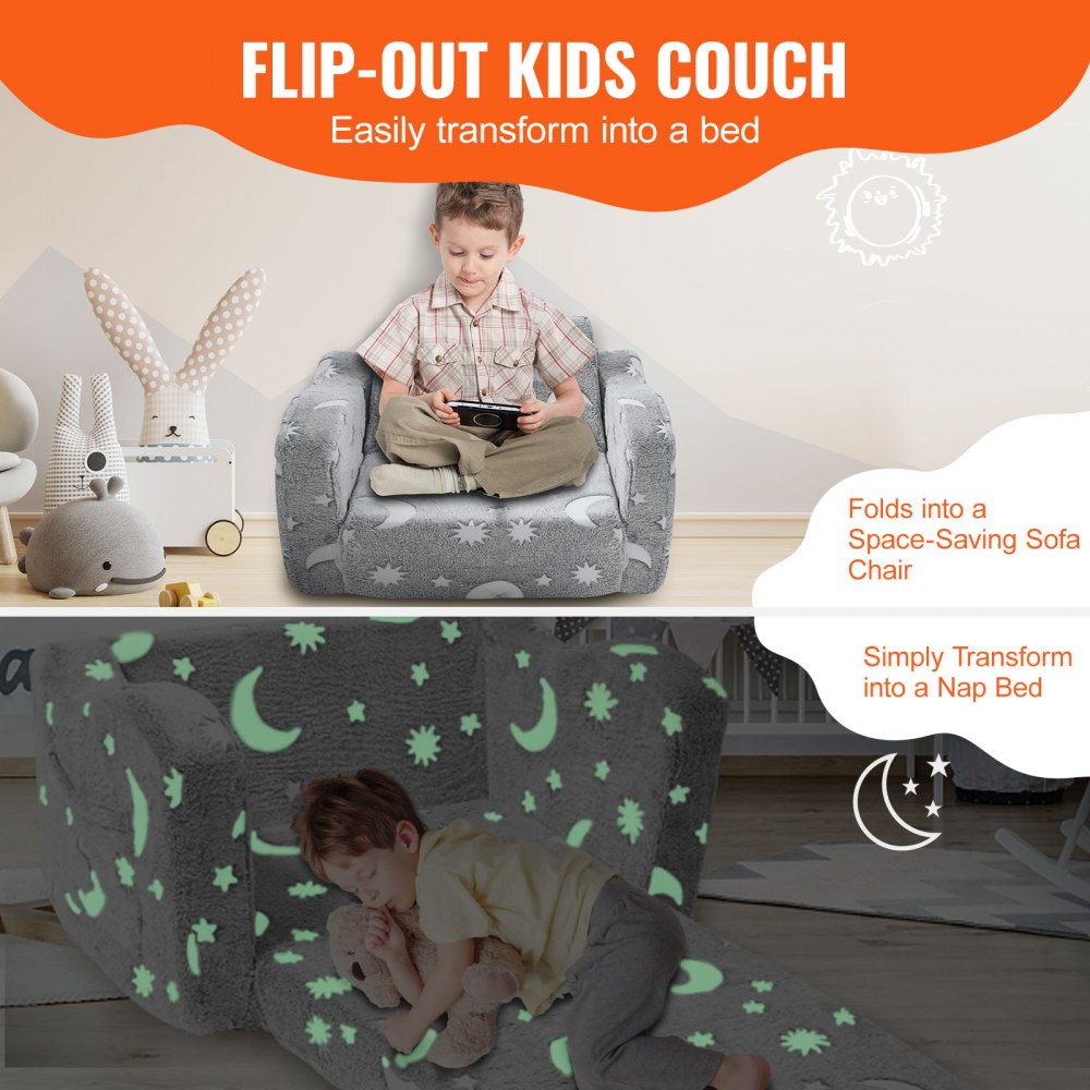 VEVOR Fold-out Kids Sofa, Glow-in-the-Dark Kids Couch Chair, 2-in-1 Children Convertible Sofa to Lounger, Extra Soft Flip-out Toddler Couch for Siting and Sleeping, for Bedroom and Playroom 